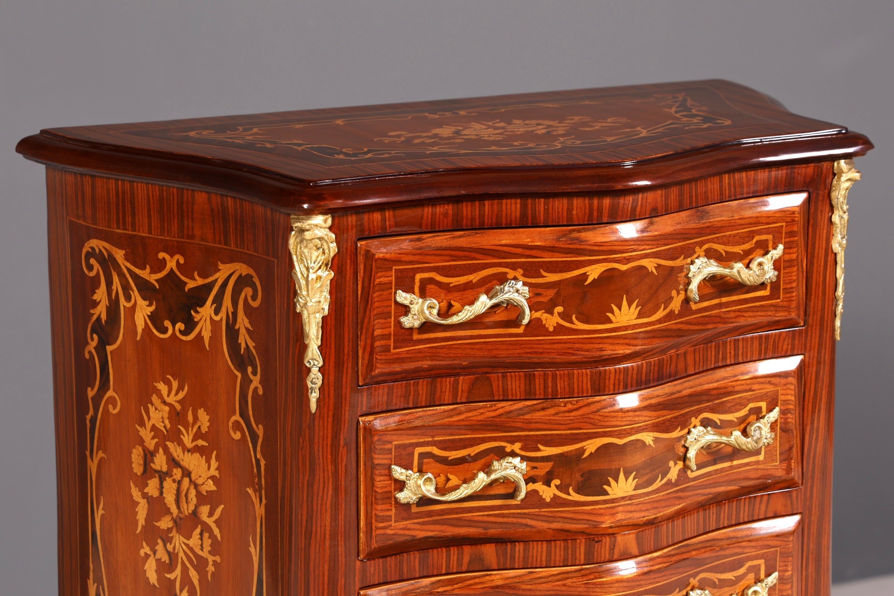 Stilvolles Barock Stil Louis XV Highboard Intarsien Vertiko Kommode Schubladenkommode