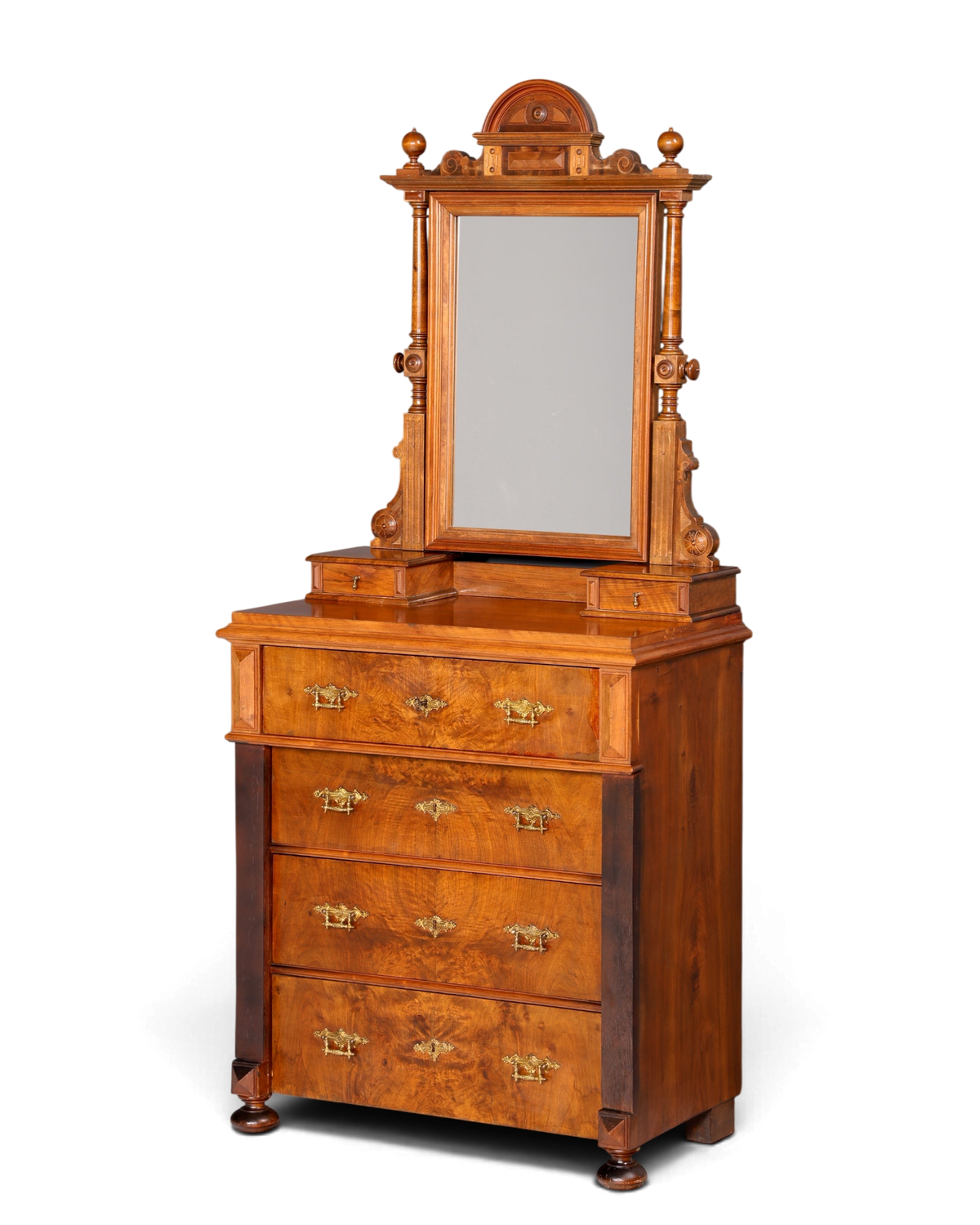 Hauptstadt Möblerei Gründerzeit Kommode aus Holz mit Spiegelaufsatz und verzierten Messingbeschlägen im Louis Philippe Stil