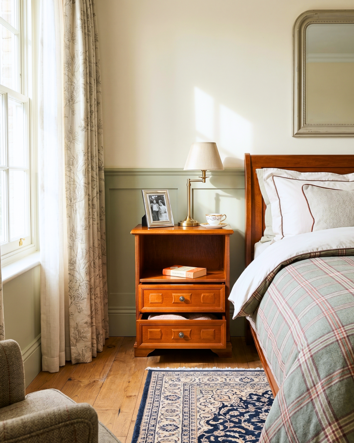 Hauptstadt Möblerei englische Kommode aus Echtholz als Nachttisch mit Schubladen in einem gemütlichen Schlafzimmer