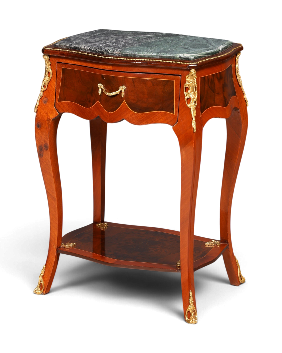 Hauptstadt Möblerei Louis XV Beistelltisch aus Holz mit Marmorplatte, Messingverzierungen und Intarsien im Barockstil