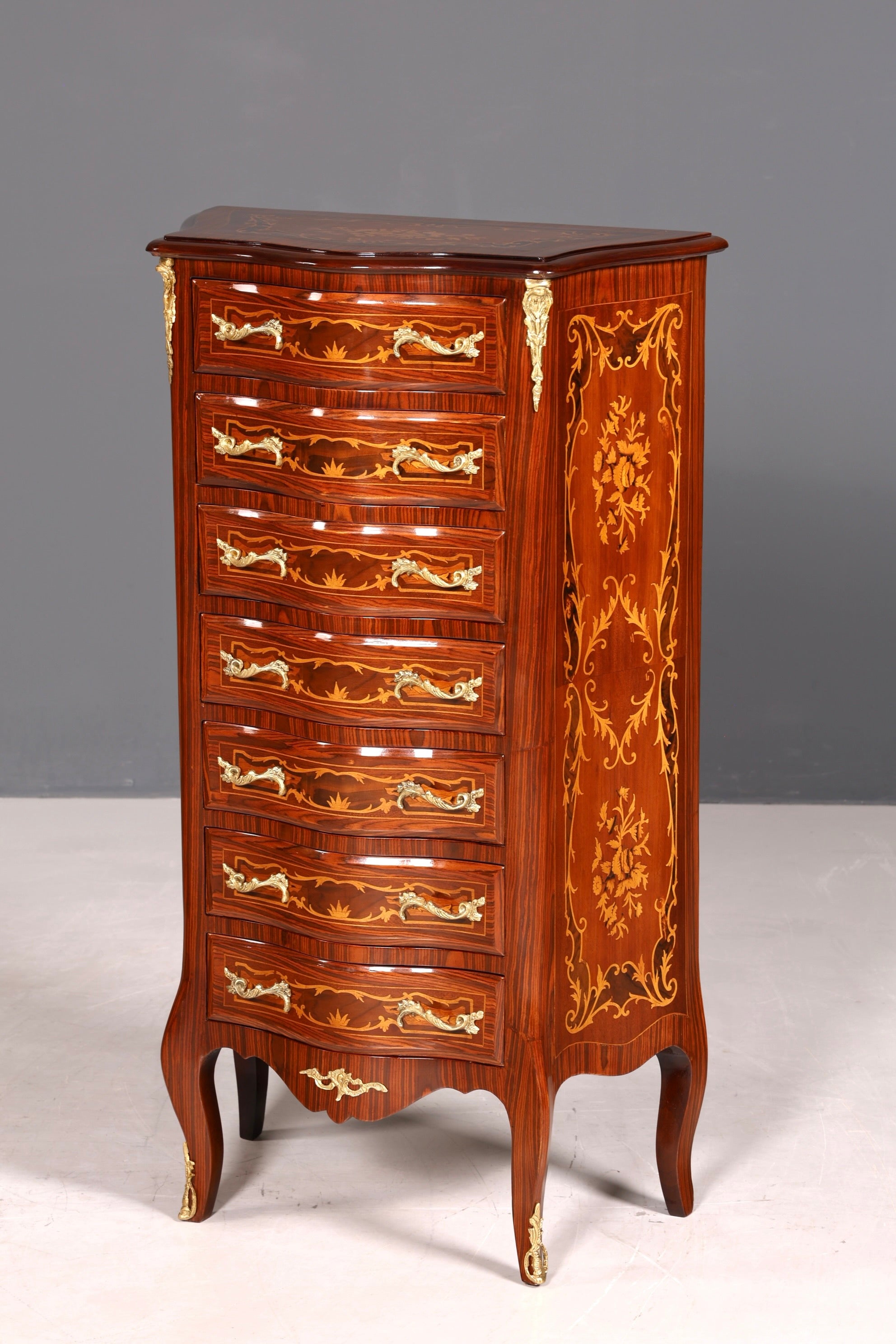 Stilvolles Barock Stil Louis XV Highboard Intarsien Vertiko Kommode Schubladenkommode