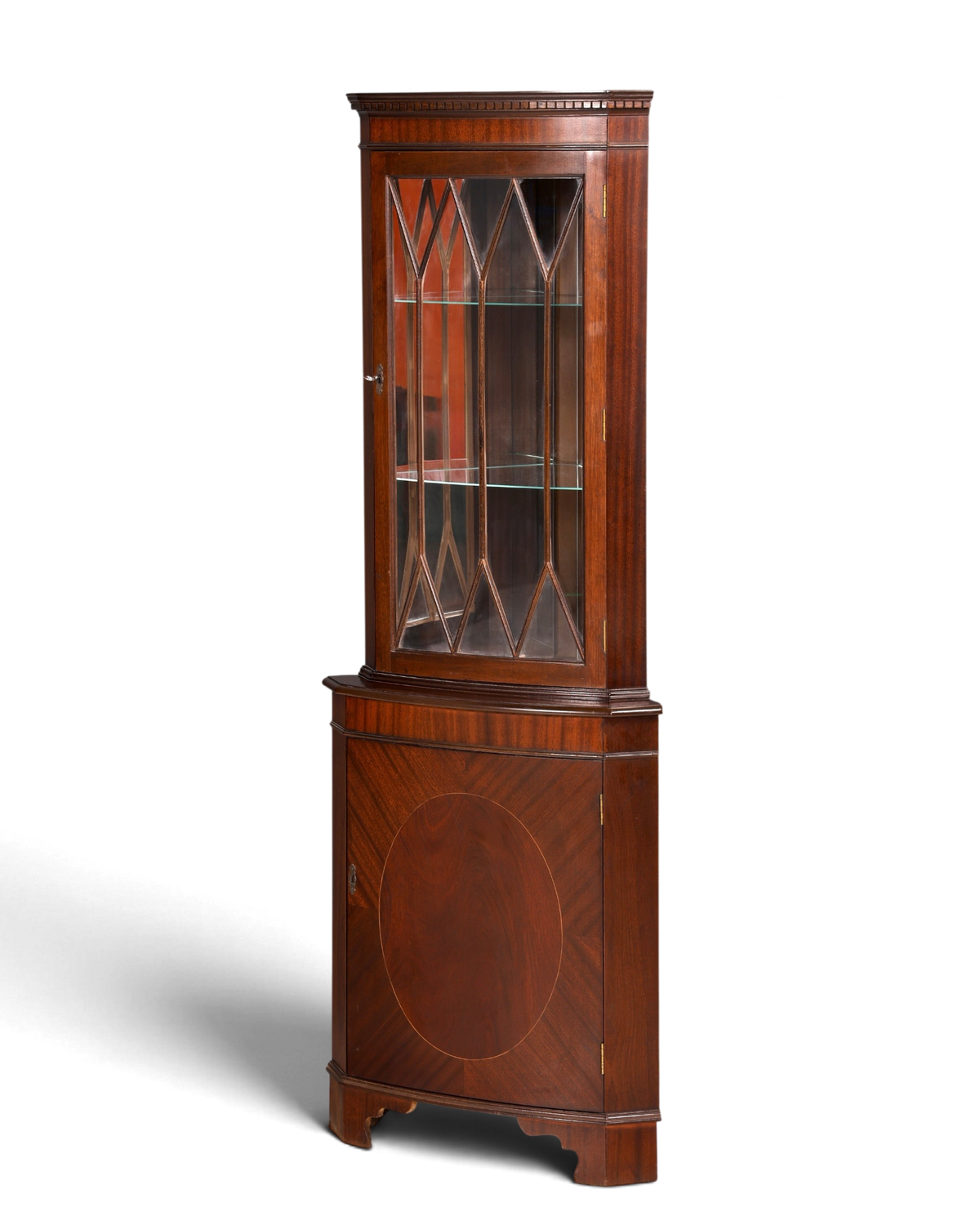 Hauptstadt Möblerei englische Eckvitrine aus Mahagoni mit Sprossentür und Unterschrank im antiken Vintage-Stil