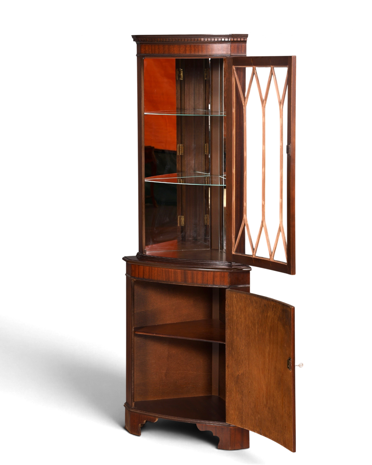 Hauptstadt Möblerei englische Eckvitrine aus Mahagoni mit Glas-Sprossentür und Unterschrank im Vintage-Stil