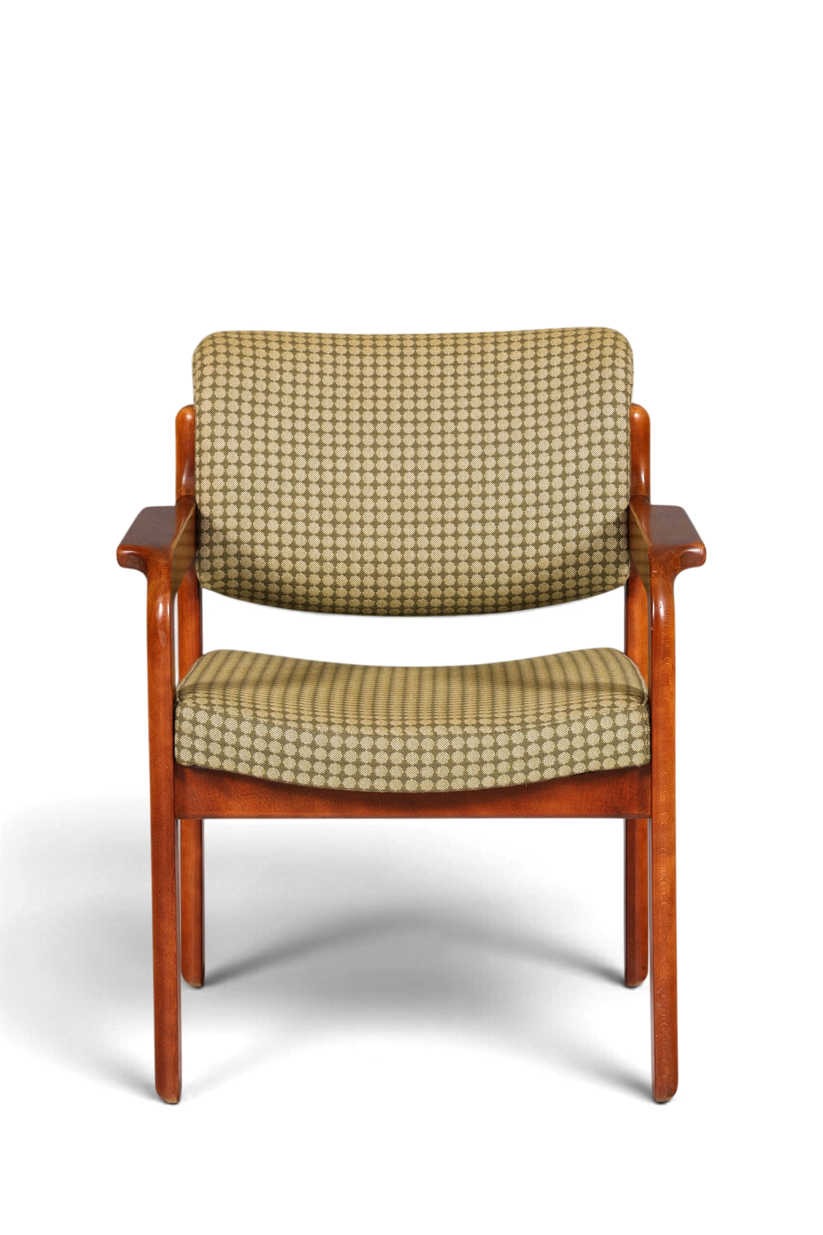Hauptstadt Möblerei Mid Century Armlehnstuhl aus Holz mit grünem, gemustertem Stoffbezug und geschwungenen Armlehnen