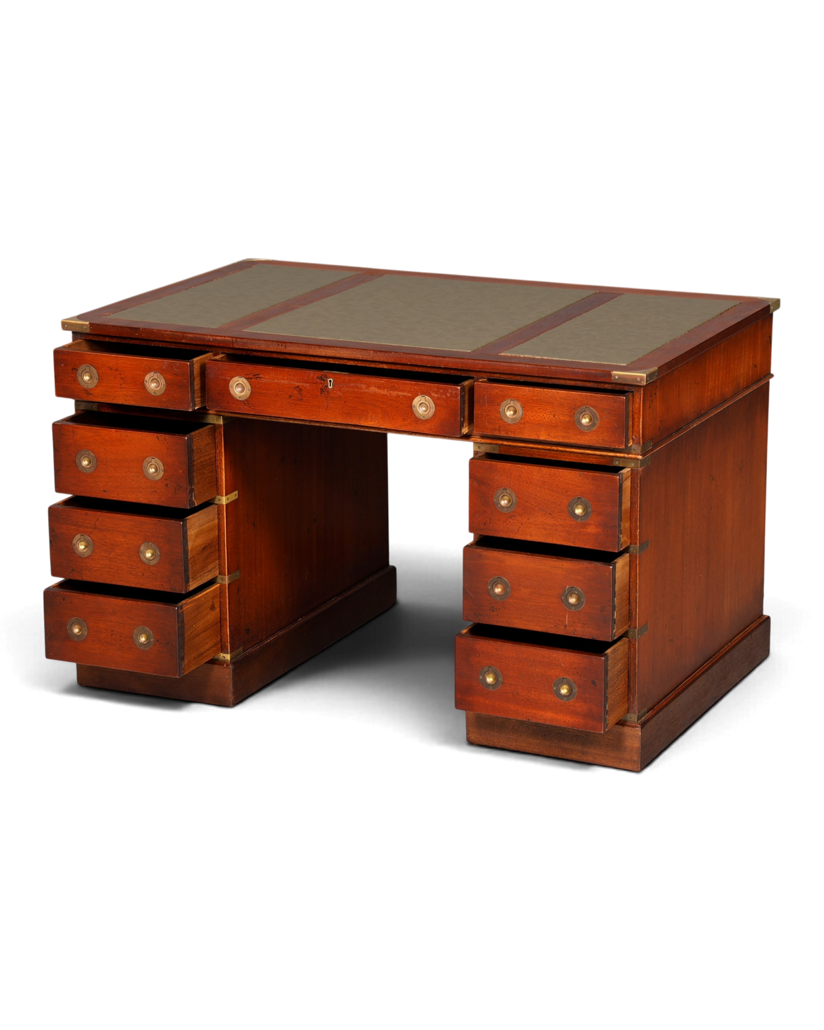 Hauptstadt Möblerei maritimer Schreibtisch aus Echtholz im Military-Chest-Stil mit Messing-Griffen und Lederauflage