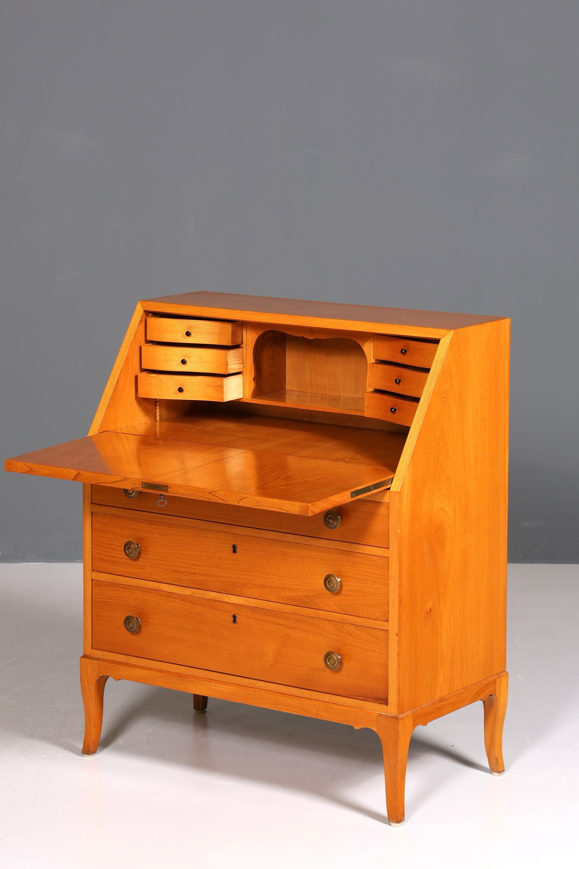 F226 Finish cm Schlichter Mid Century Sekretär Vintage Schreibmöbel echt Holz Kommode Office Secretary
