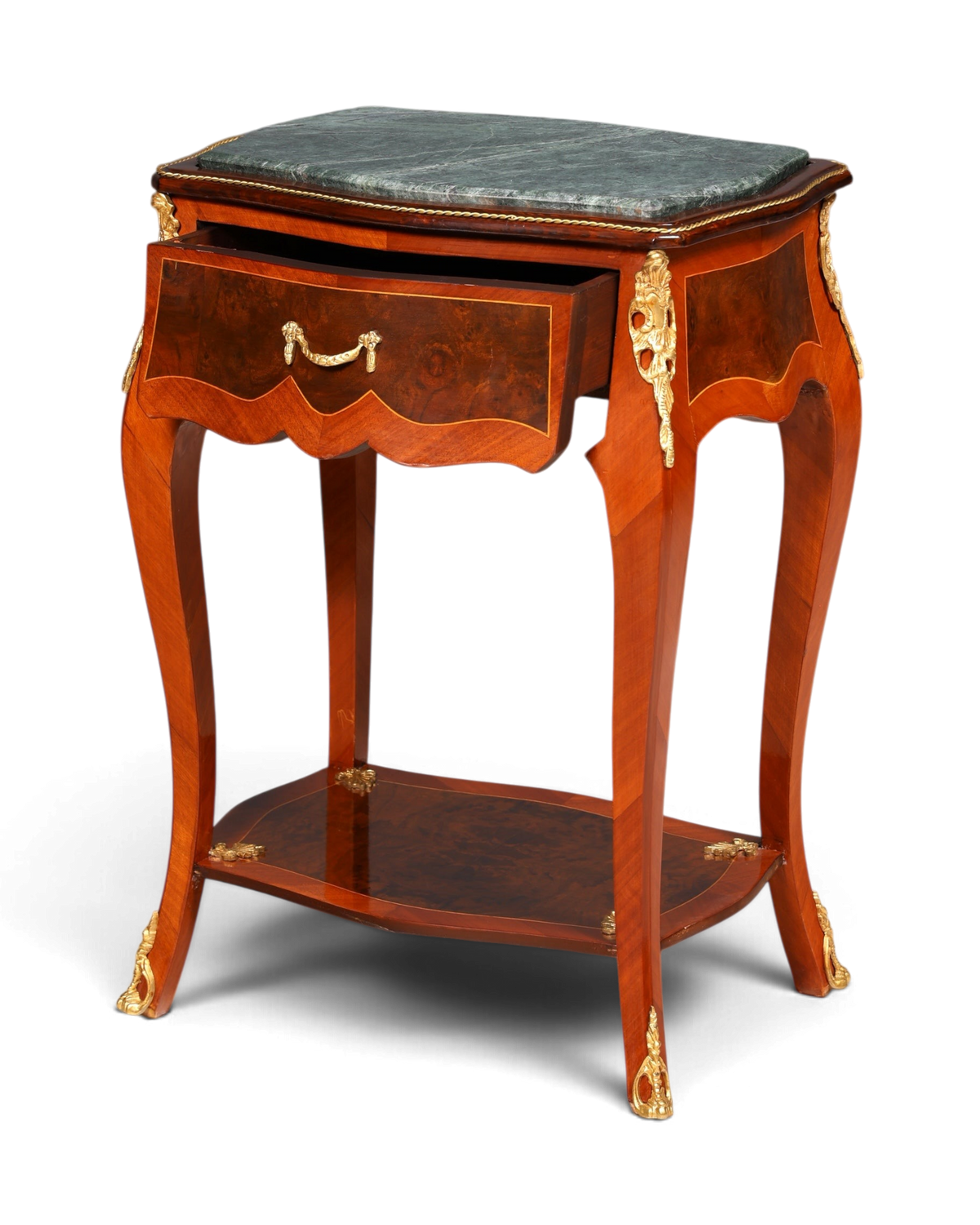 Hauptstadt Möblerei Louis XV Beistelltisch aus Holz mit Marmorplatte, Messingverzierungen und Schublade im Barockstil