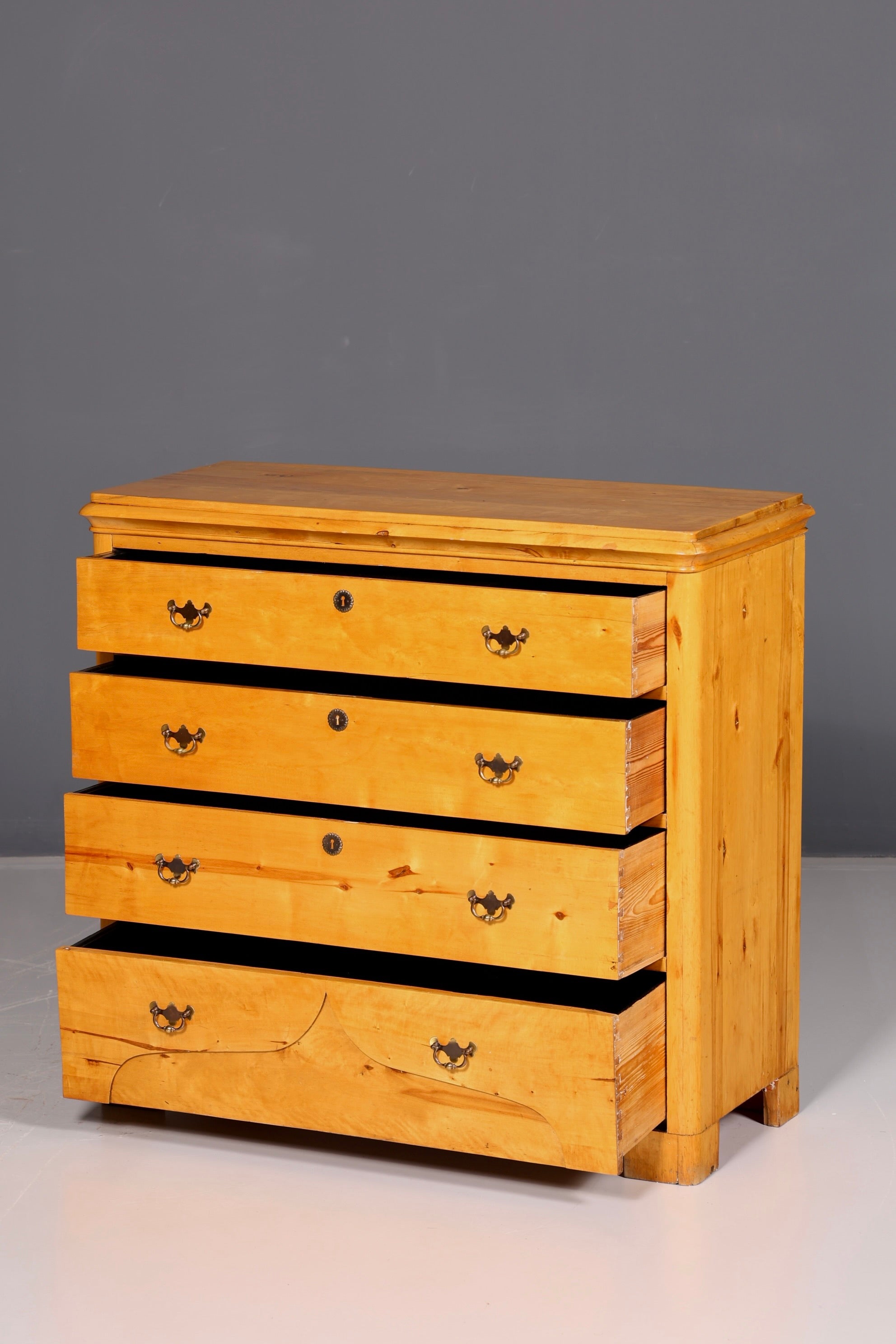 Elegant Antique Softwood Chest of Drawers with Brass Fittings, Solid Wood, Vintage