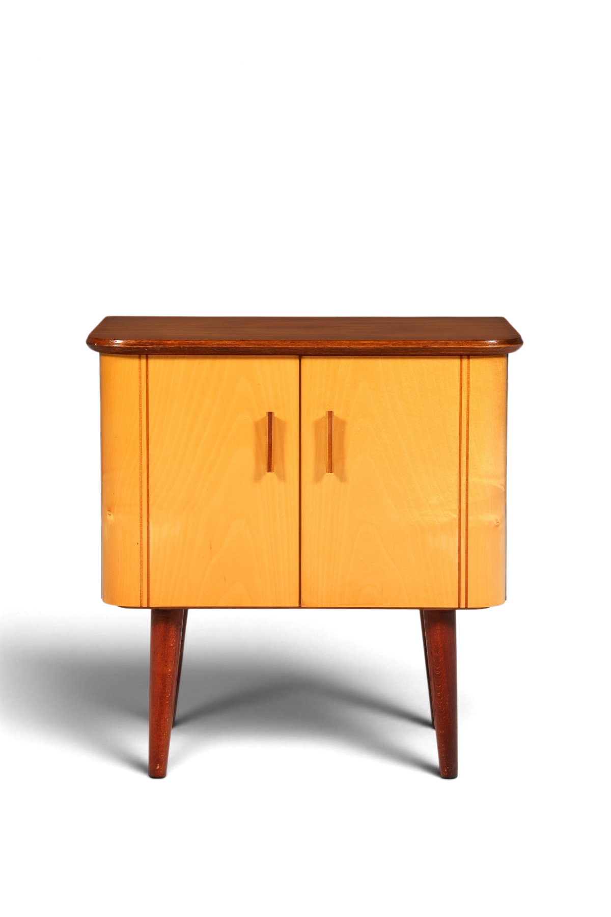 Hauptstadt Möblerei Mid Century Kommode aus hellem Echtholz mit dunklen Beinen und zwei Türen im 60er Jahre Design