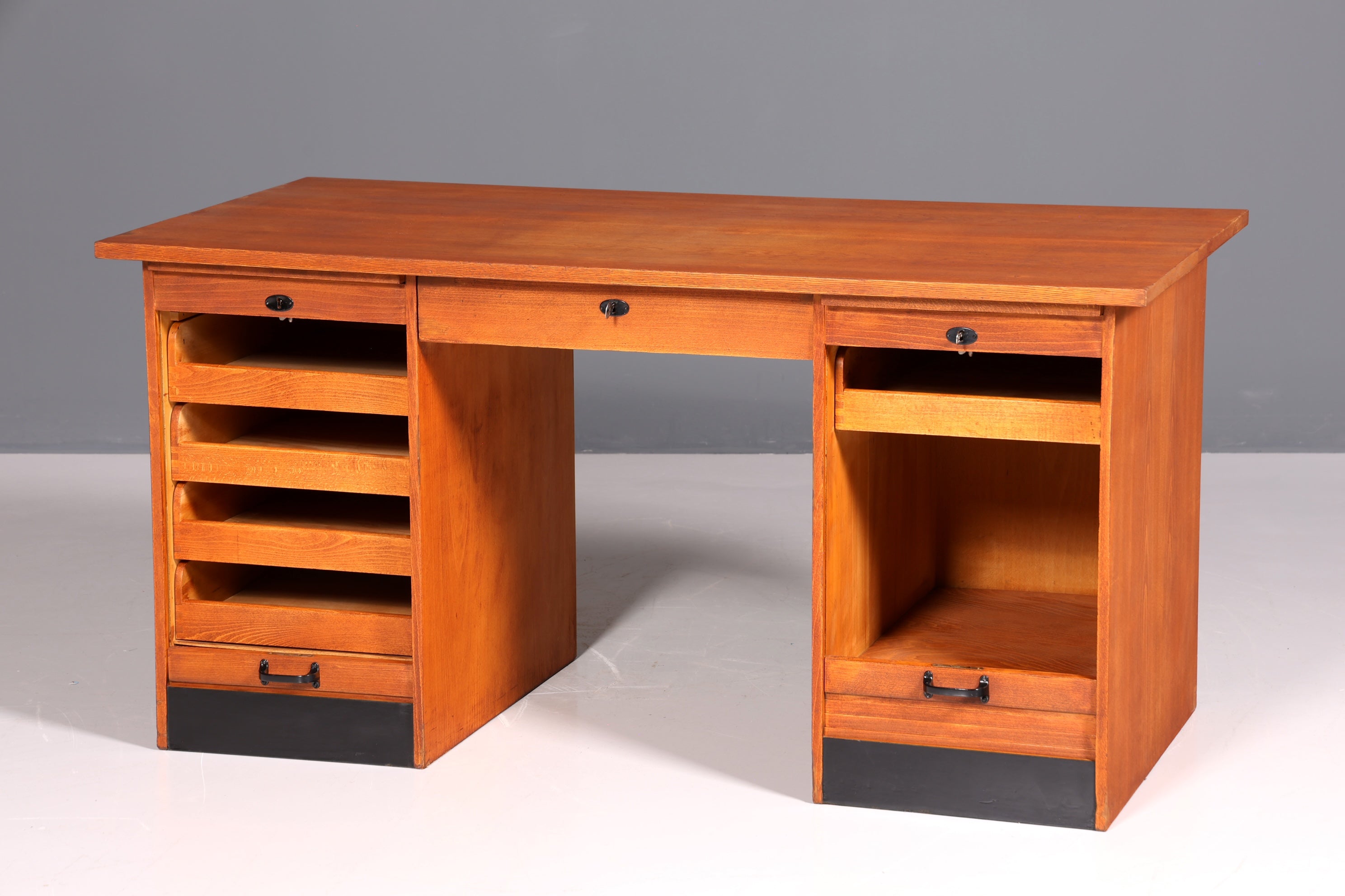 Beautiful Bauhaus-style roll-top desk, mid-century modern, real wood office table