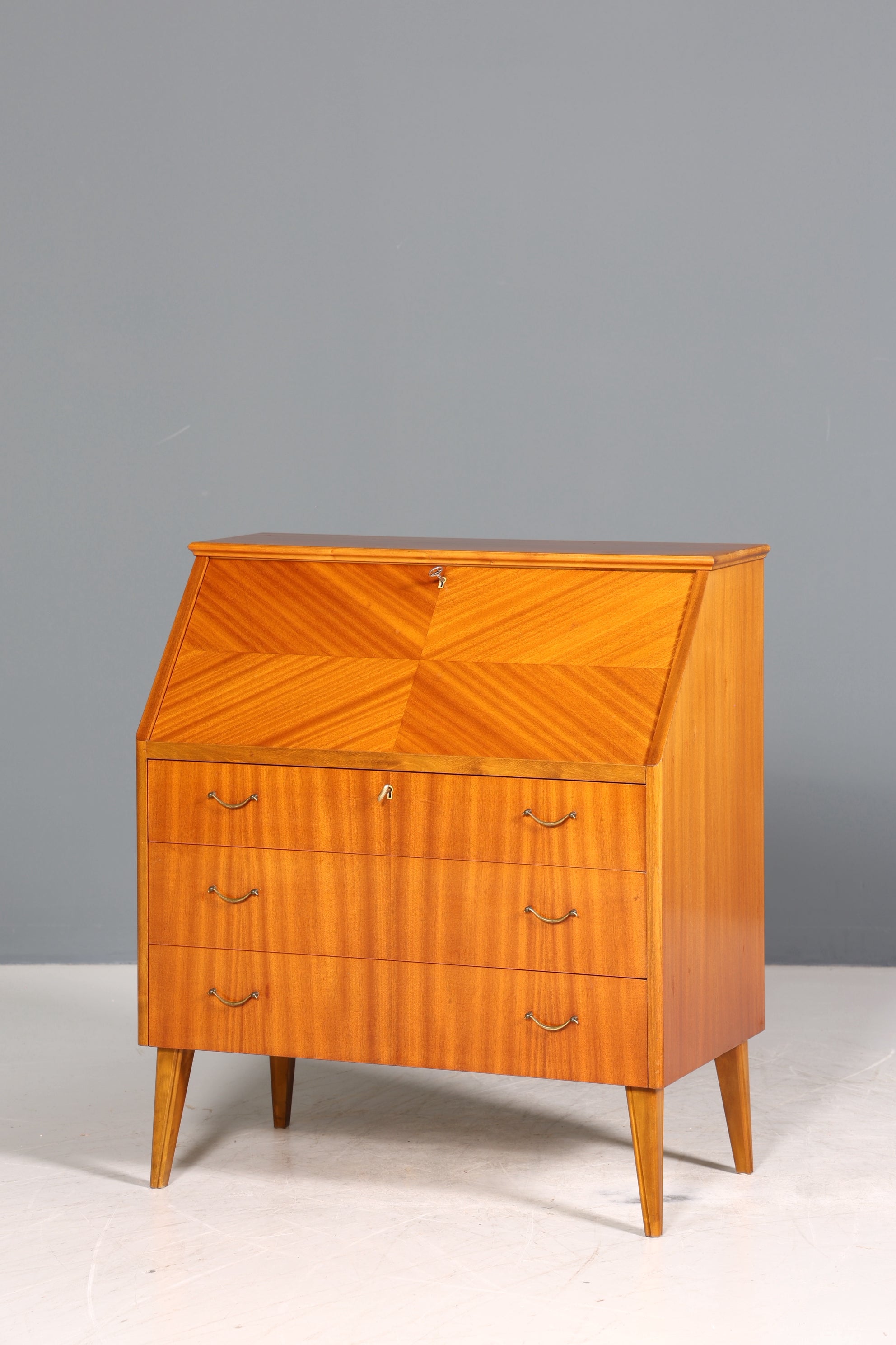 Schlichter Mid Century Sekretär Vintage Schreibmöbel echt Holz Kommode Office Secretary
