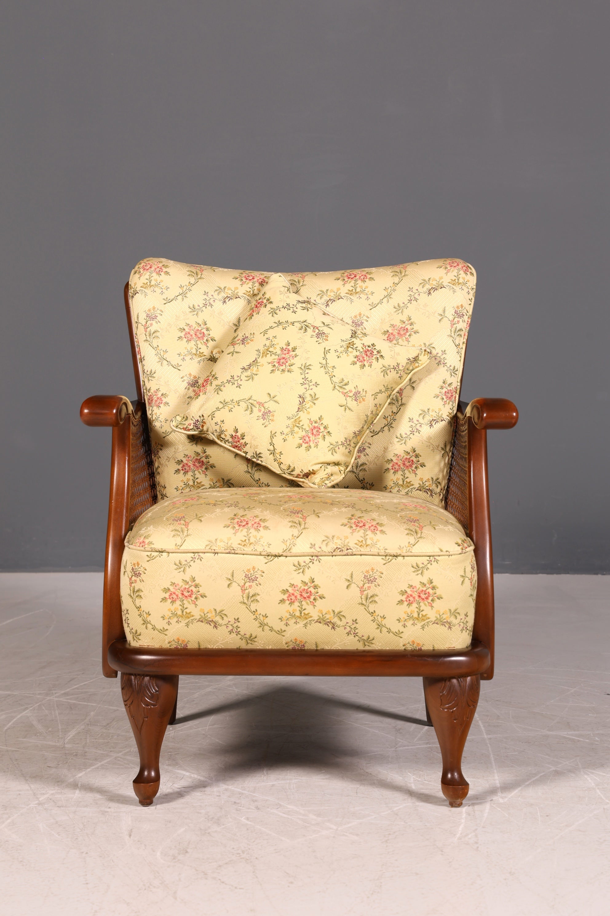 Traumhafter Chippendale Sessel Antik 60s Korbgeflecht Relax Sessel Vintage Samt Stoff 1 von 2