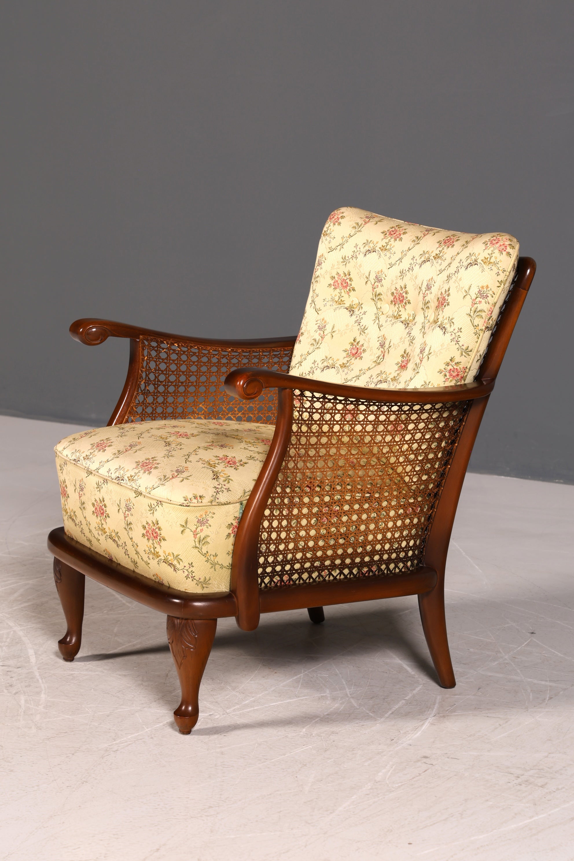 Traumhafter Chippendale Sessel Antik 60s Korbgeflecht Relax Sessel Vintage Samt Stoff 2 von 2