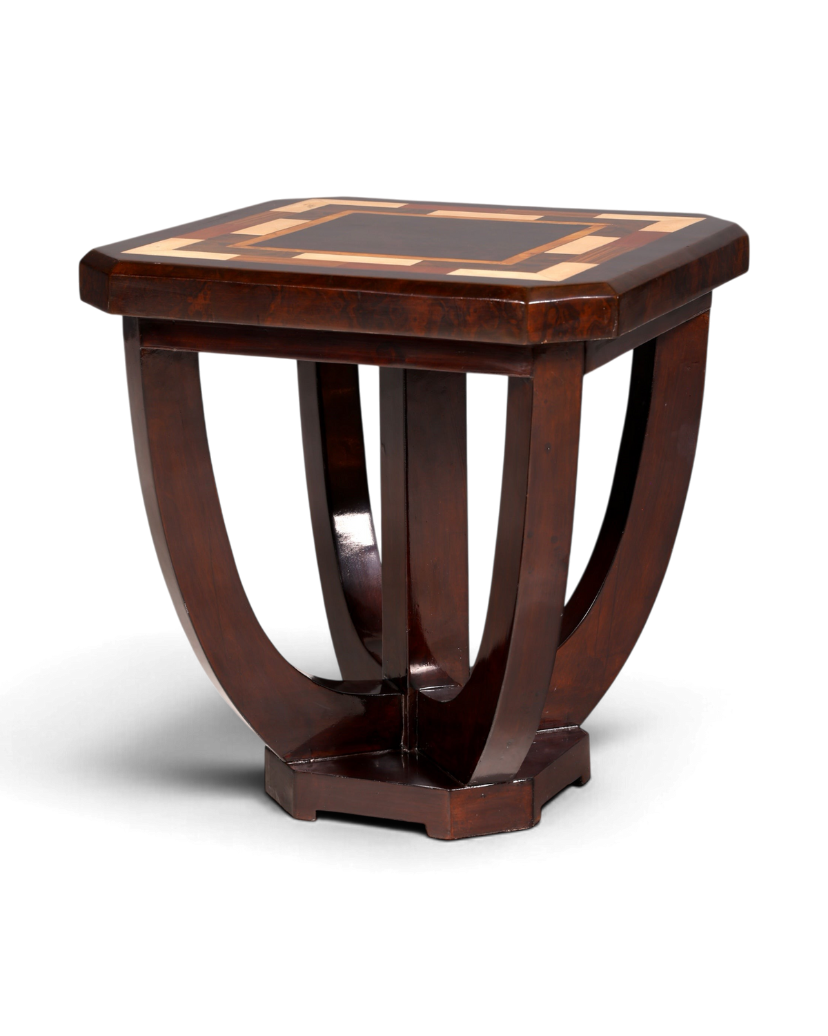 Hauptstadt Möblerei Art Deco Beistelltisch aus dunklem Echtholz mit geometrischem Intarsienmuster auf der Tischplatte