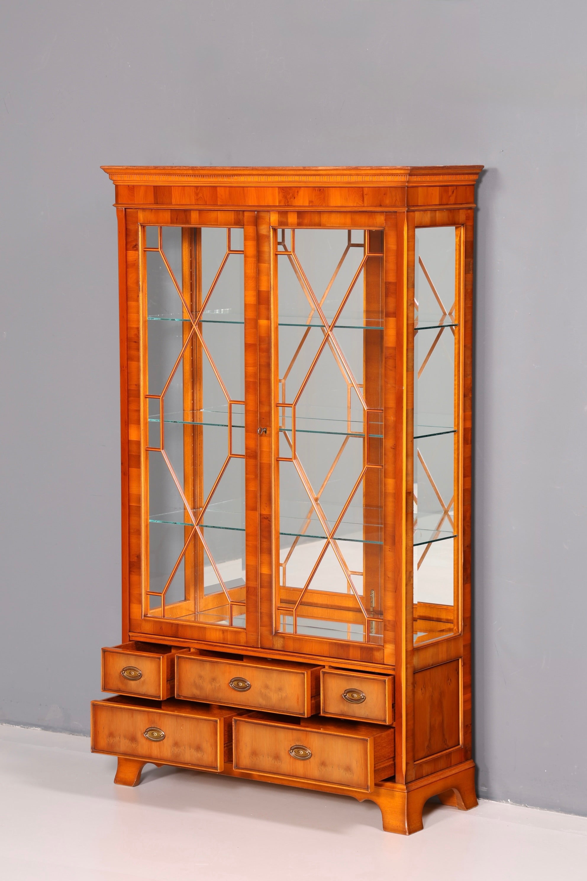 Beautiful Original Heldense Display Cabinet, English Yew Bookcase, Glass Cabinet with Lighting, Antique