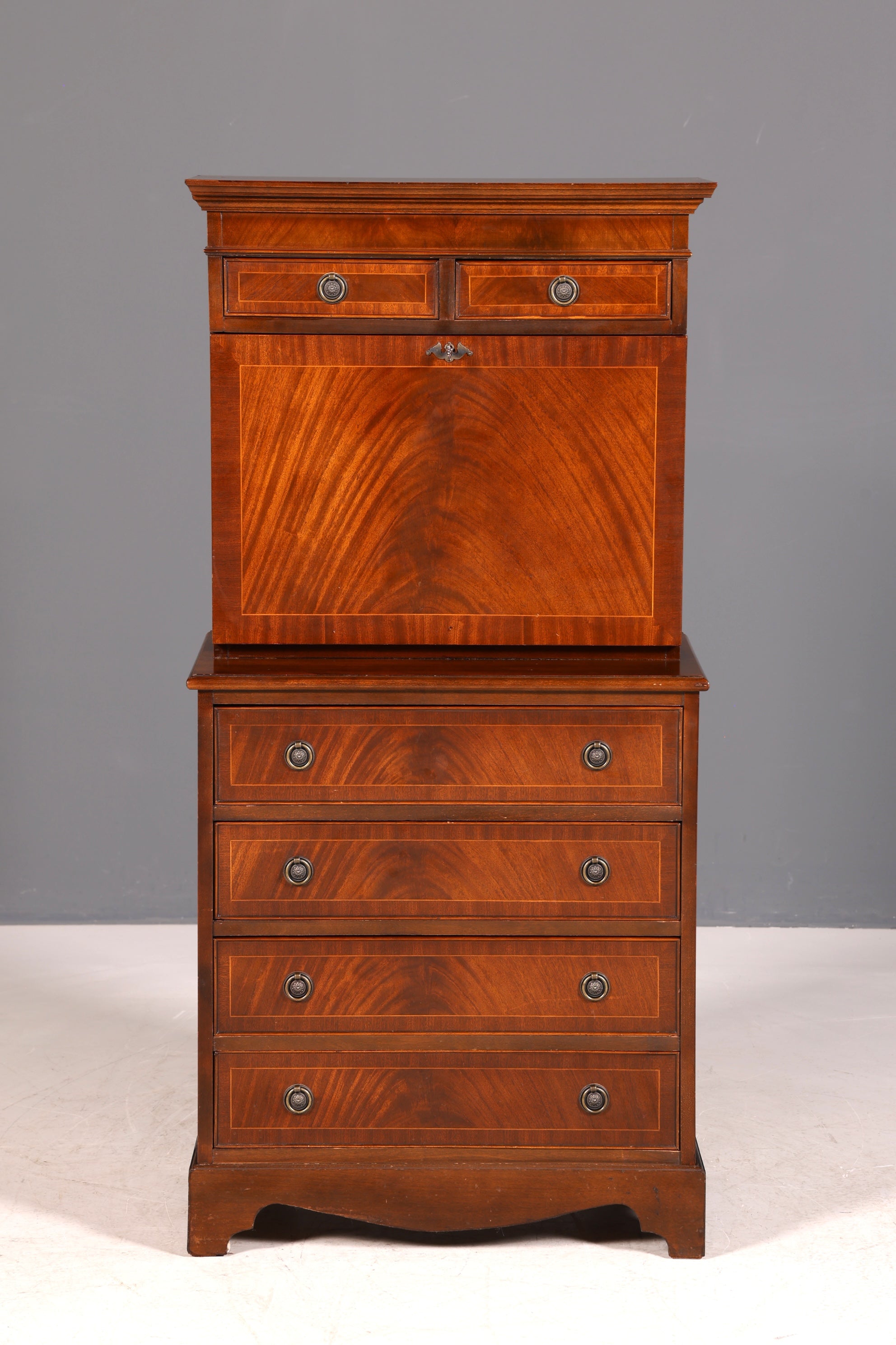 G026 Finish cm Wunderschöner Englischer Sekretär Büro Aufsatzsekretär Antik 60S Vitrinen Schrank UK