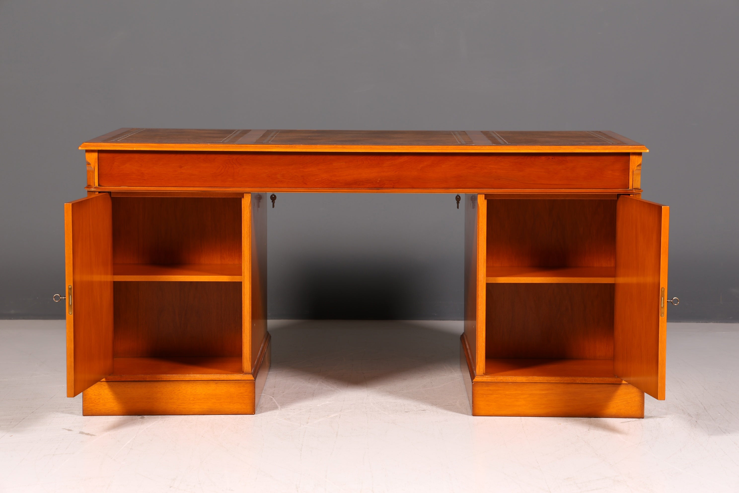 Beautiful English Yew Desk with Genuine Leather Top, Antique Style, Executive Desk, Office Desk, Desk, Partner Desk