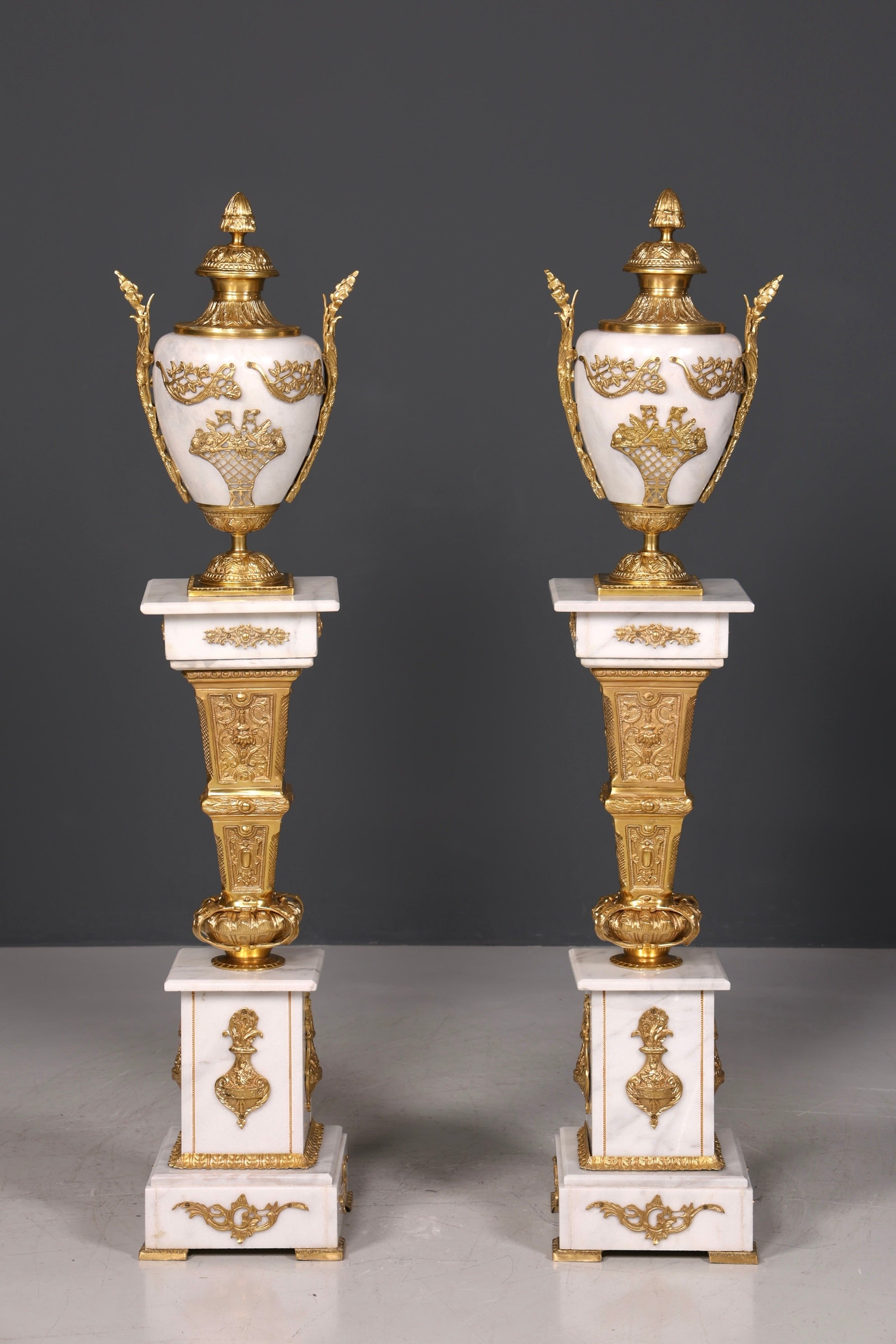 Beautiful Baroque style column with vase, Louis XV marble flower column, white natural stone base and shelf