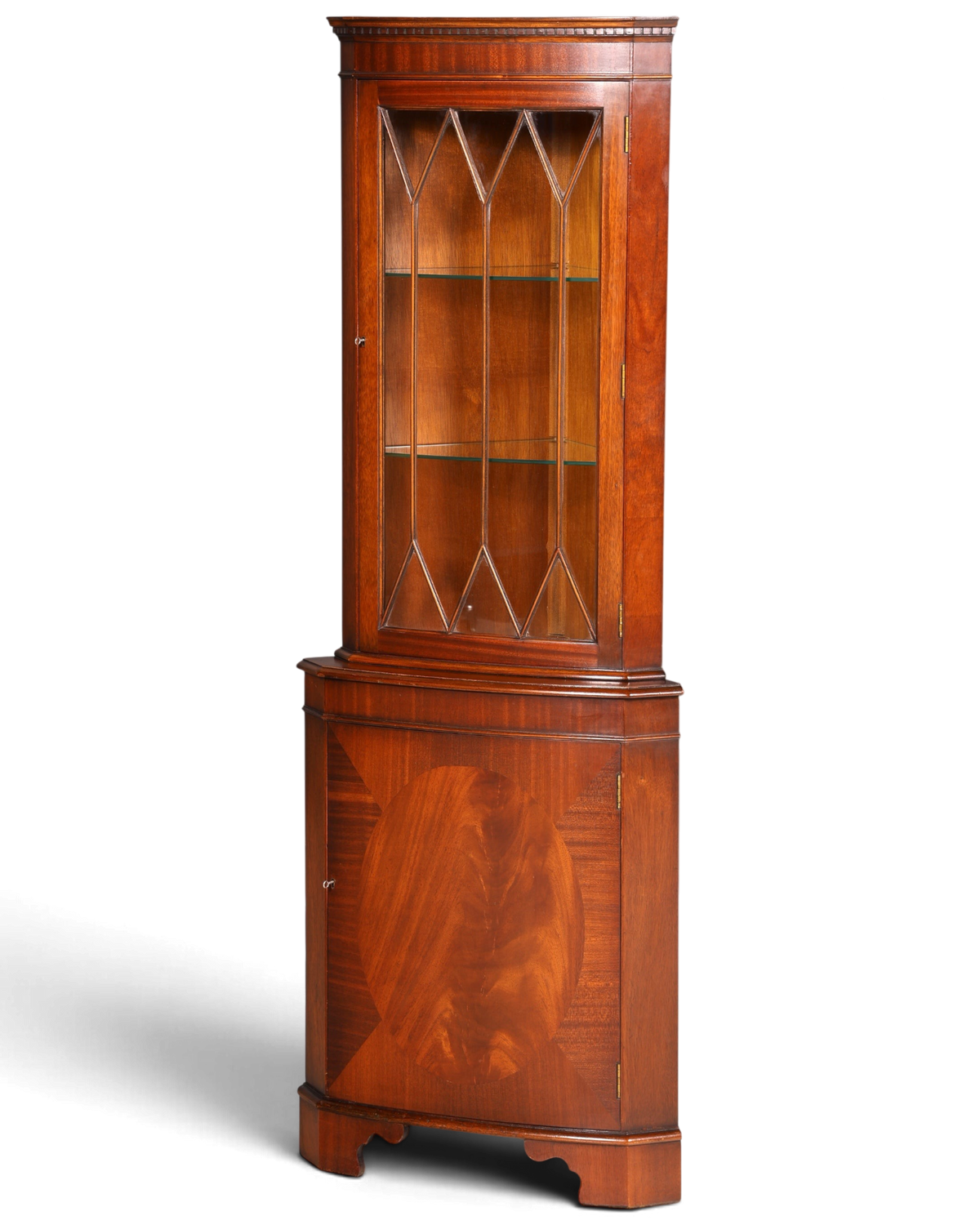 G028 Finish cm Wunderschöne Englische Eckvitrine Mahagoni Antik 60s echt Holz Schrank Eckschrank Glasvitrine