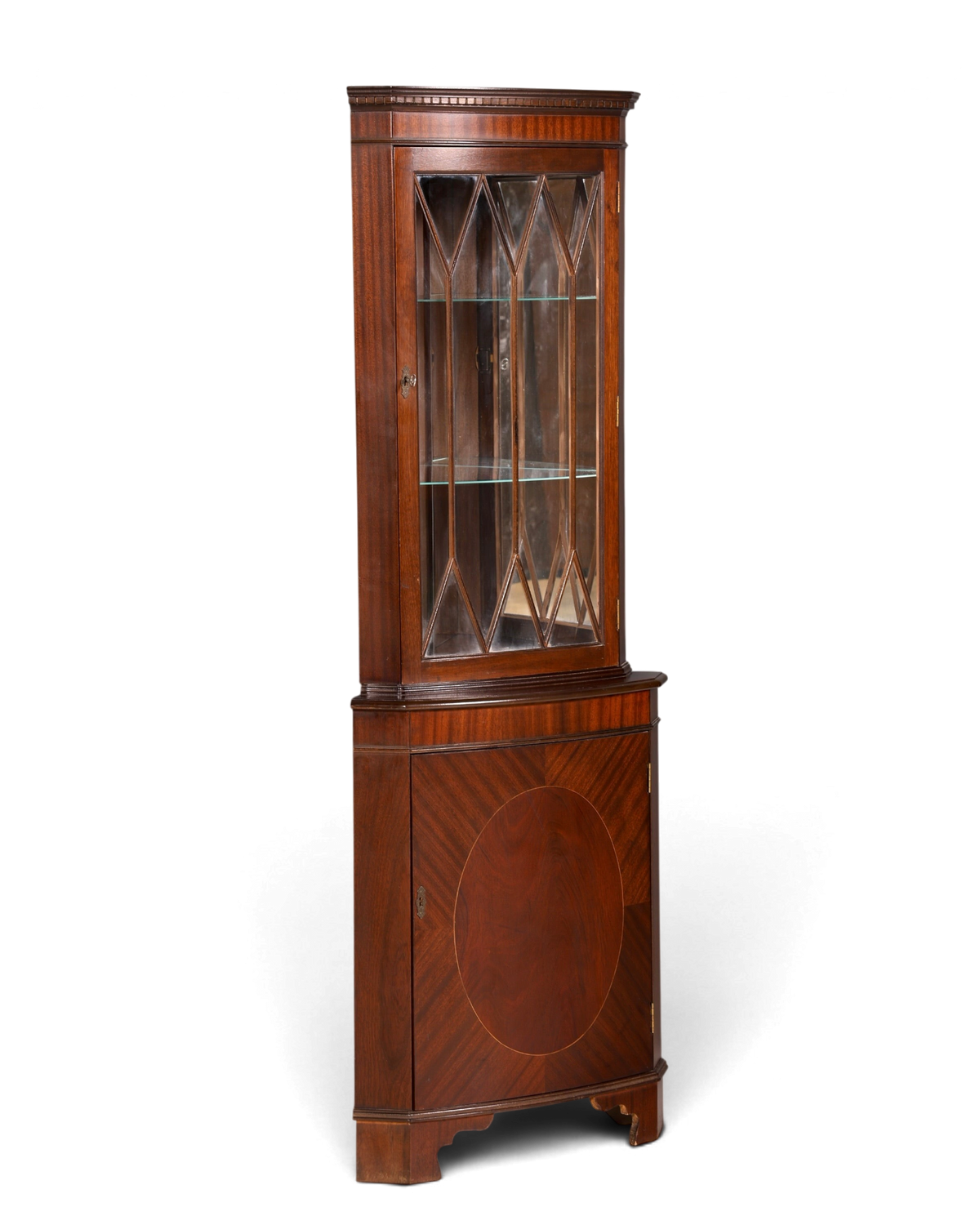Hauptstadt Möblerei englische Eckvitrine aus Mahagoni mit Glas-Sprossentür und geschlossener Unterschrank-Basis