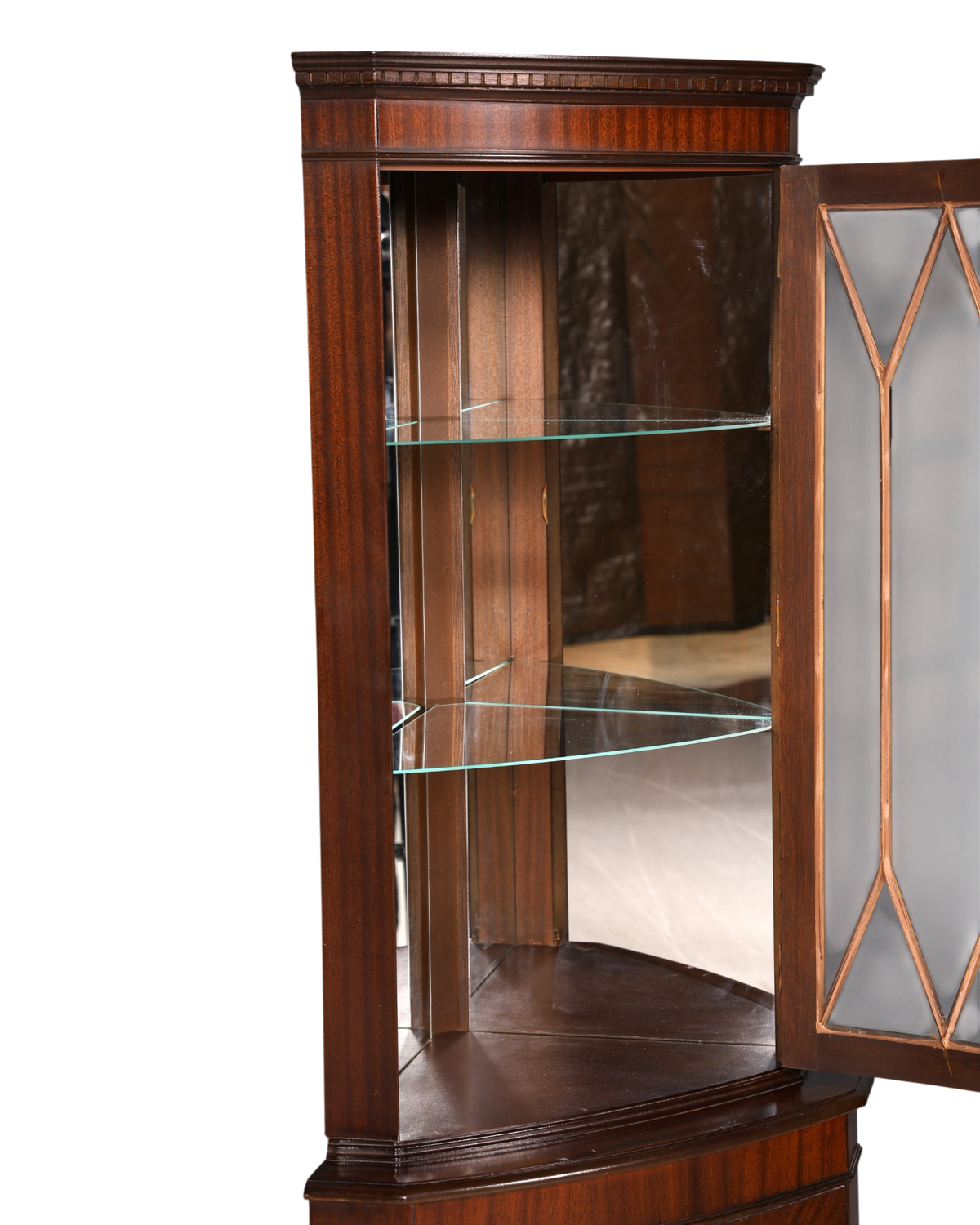 Hauptstadt Möblerei englische Eckvitrine aus Mahagoni mit Glasböden und Sprossentür im Vintage-Stil