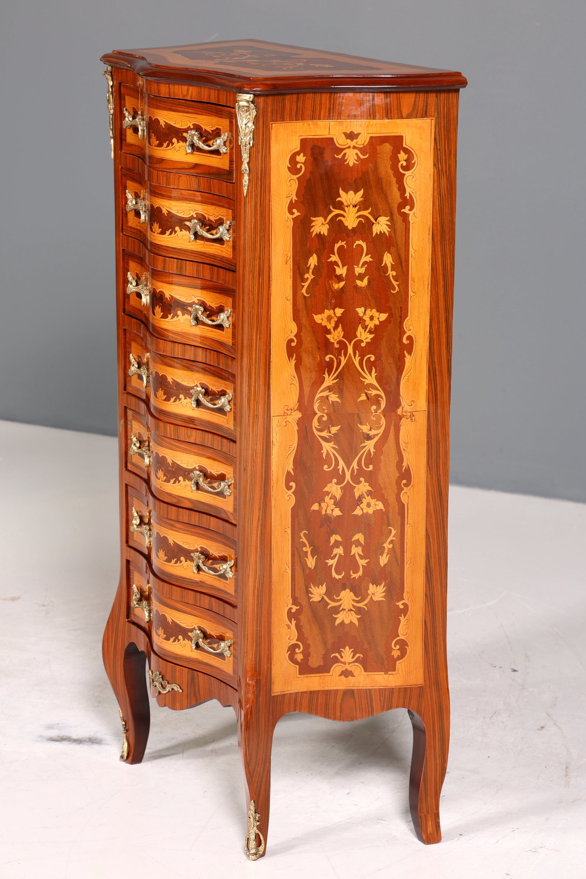 Traumhaftes Barock Stil Louis XV Highboard Vertiko Intarsien Kommode Schubladenkommode