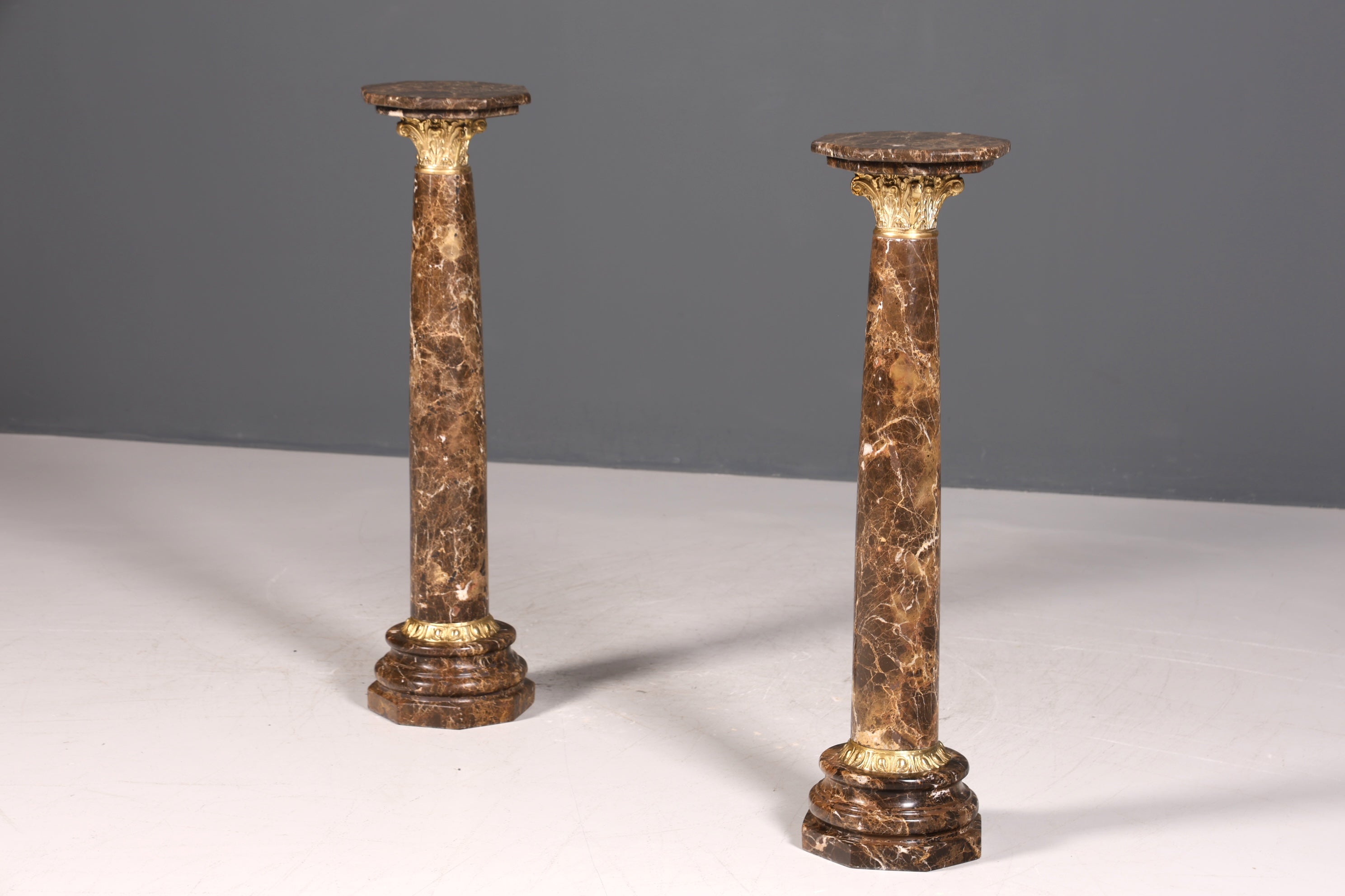 Beautiful Baroque style column, Louis XV marble flower column, natural stone brown base, shelf 1 of 2