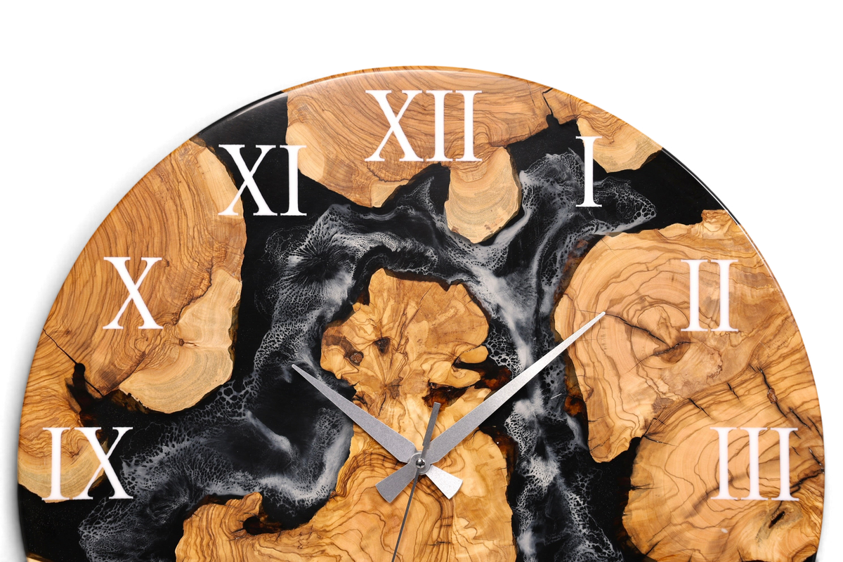 Wunderschöne Handgefertigte Epoxidharz Wanduhr Olivenbaum Uhr Black Epoxy Analog Uhr