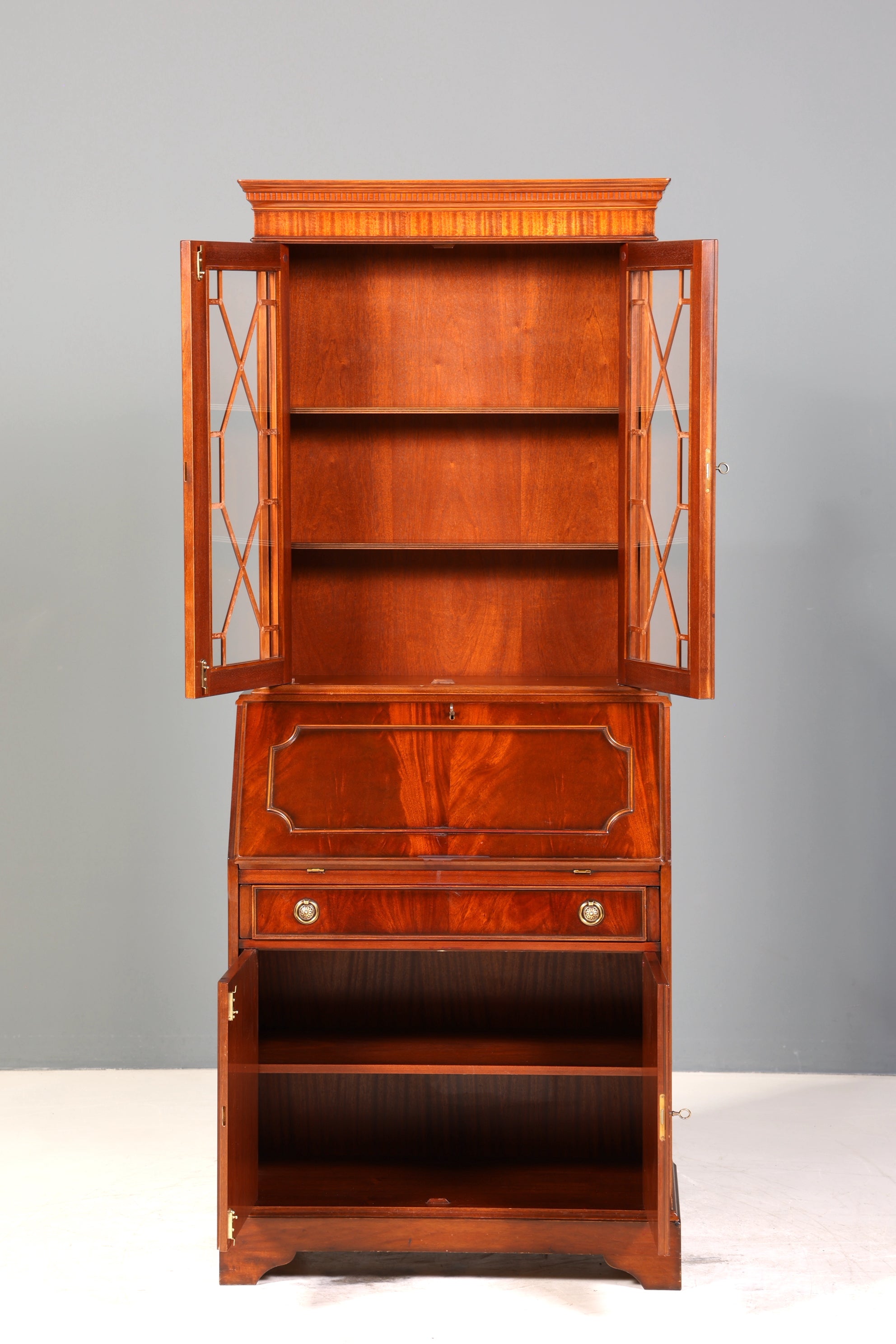 E913 Finish cm Stilvoller Englischer Sekretär Original Heldense Büro Aufsatzsekretär Eibe Antik 60S Vitrinen Schrank UK