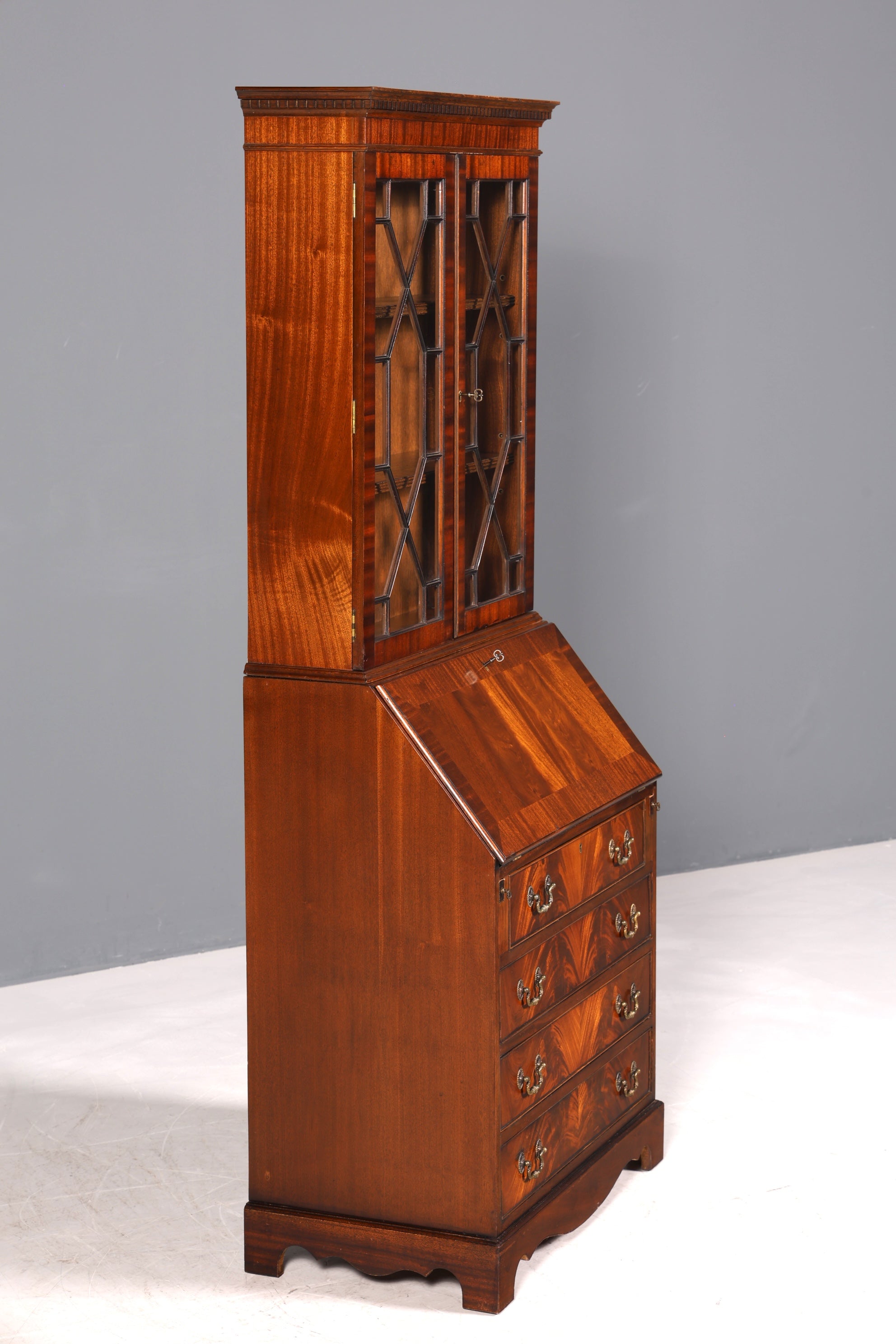 F973 Finish cm Wunderschöner Englischer Sekretär Büro Aufsatzsekretär Antik 60S Vitrinen Schrank UK