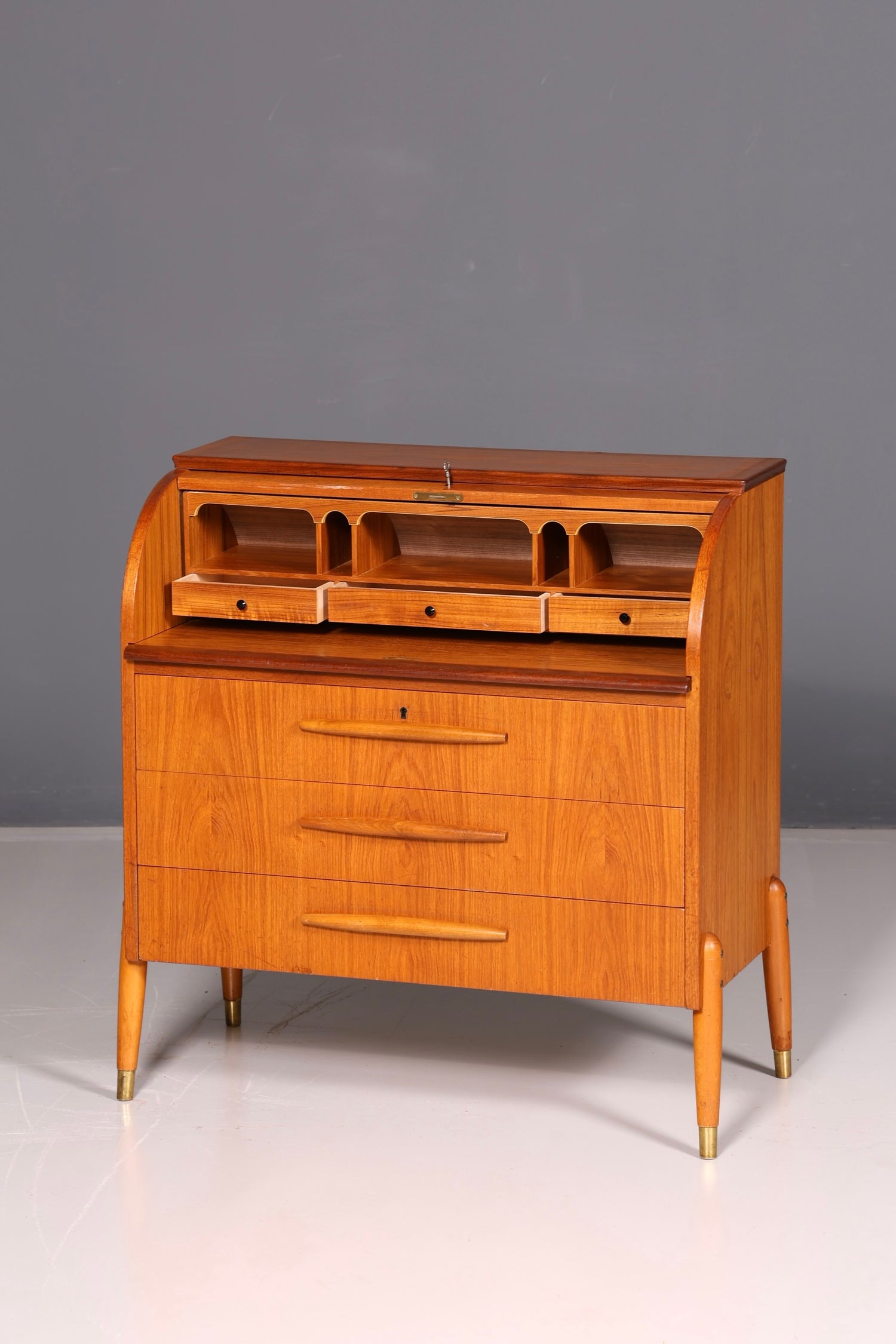 Wunderschöner Mid Century Rollladen Sekretär Schreibkommode Büro Schrank Vintage 60s Holz