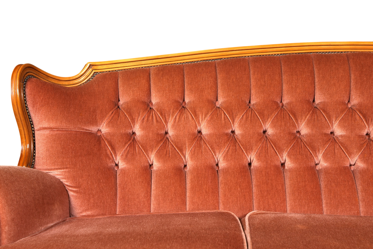 Hauptstadt Möblerei Chippendale 3-Sitzer Sofa im Barock-Stil mit antikem Holzrahmen und gestepptem Samtbezug