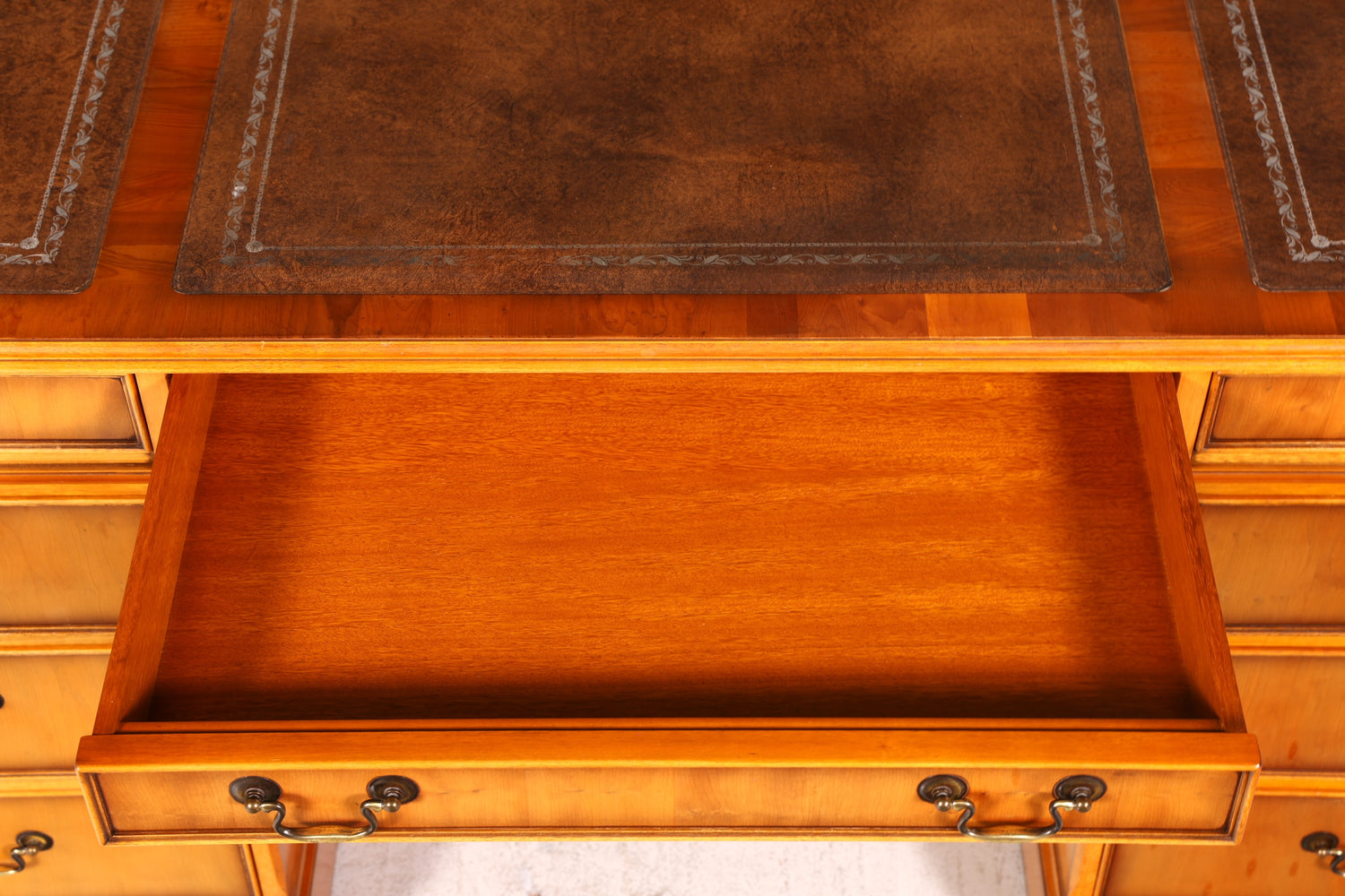 Beautiful English Yew Desk with Genuine Leather Top, Antique Style, Executive Desk, Office Desk, Desk, Partner Desk