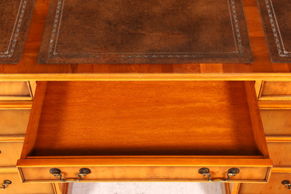 Beautiful English Yew Desk with Genuine Leather Top, Antique Style, Executive Desk, Office Desk, Desk, Partner Desk