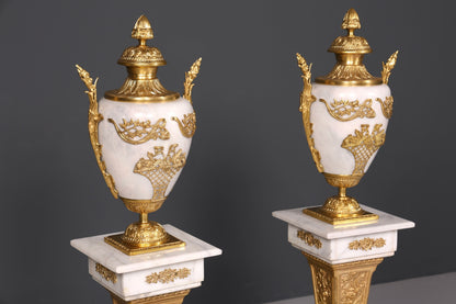 Beautiful Baroque style column with vase, Louis XV marble flower column, white natural stone base and shelf