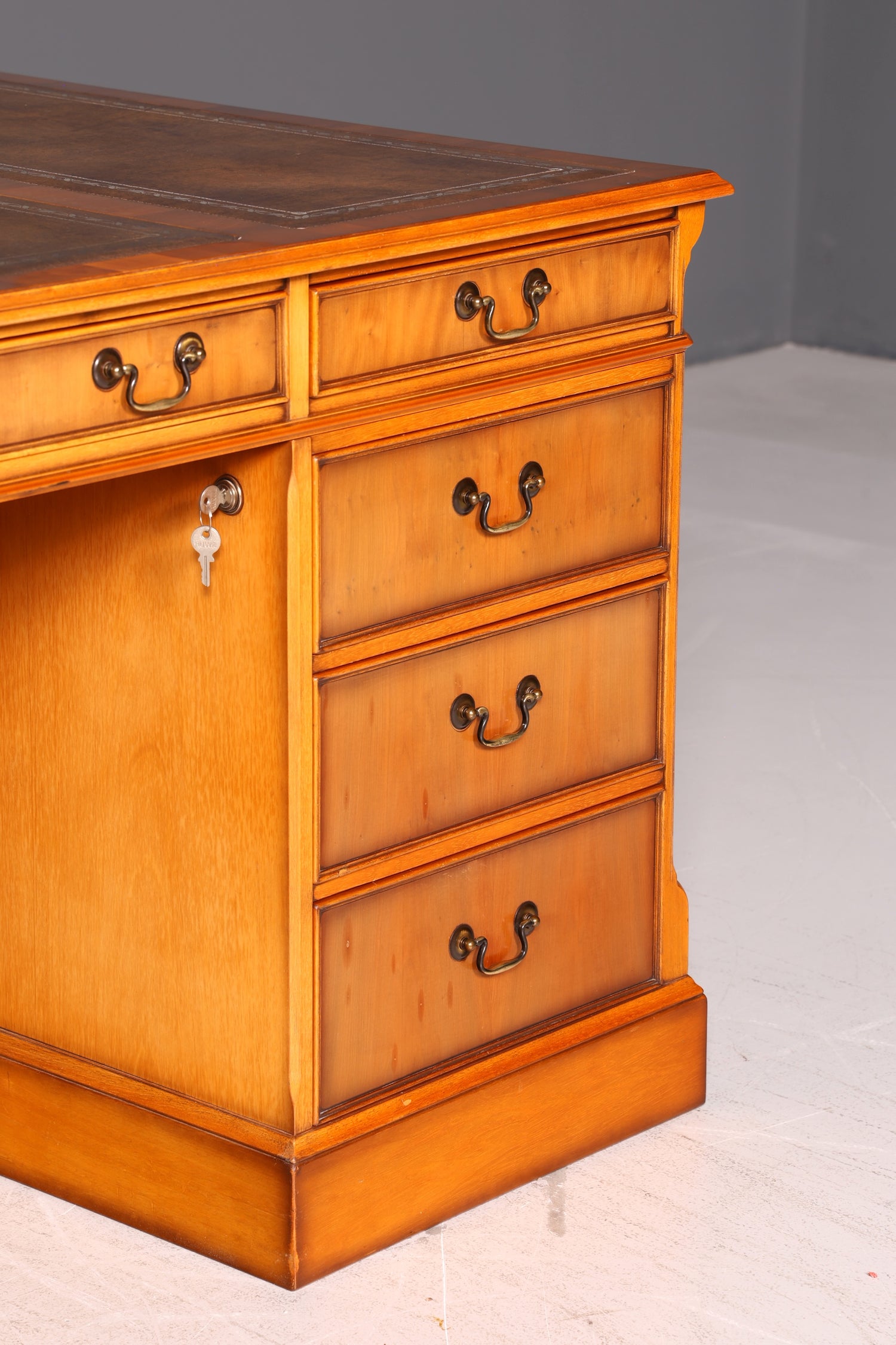 Beautiful English Yew Desk with Genuine Leather Top, Antique Style, Executive Desk, Office Desk, Desk, Partner Desk
