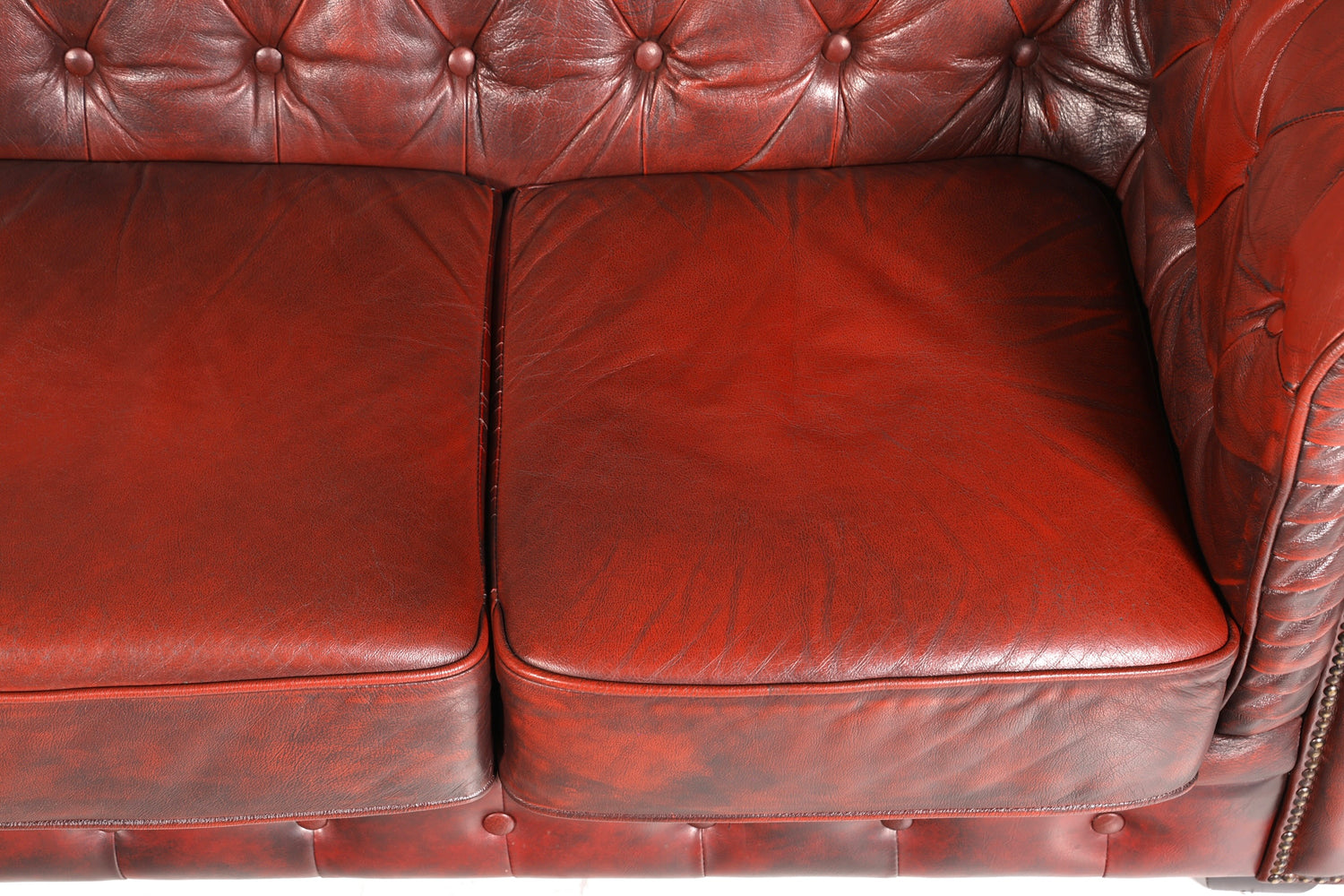 Wunderschönes seltenes Original Chesterfield Sofa mit Hocker 4- Sitzer echt Leder Oxblood Couch Englisch Eckcouch