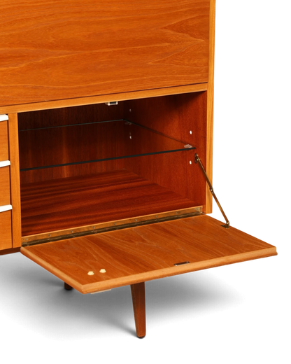 Hauptstadt Möblerei H940 Sideboard aus Teakholz mit aufklappbarer Tür und Glasboden im Mid-Century-Stil