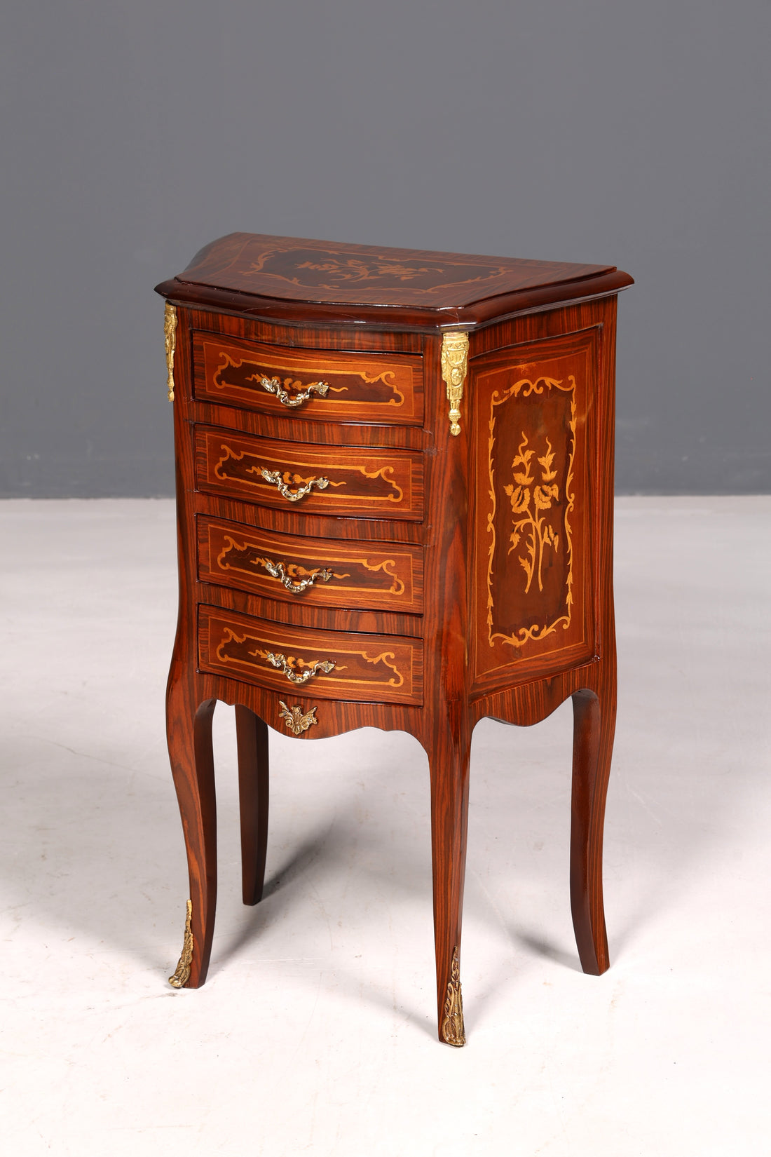 Elegant Baroque-style antique dresser, side table, brass cabinet, chest of drawers