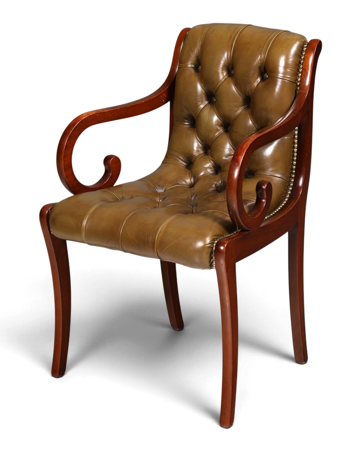 Elegant English Chesterfield Armchair, Genuine Green Leather, Upholstered Chair, Button Tufting, Secretary Chair, Dining Chair