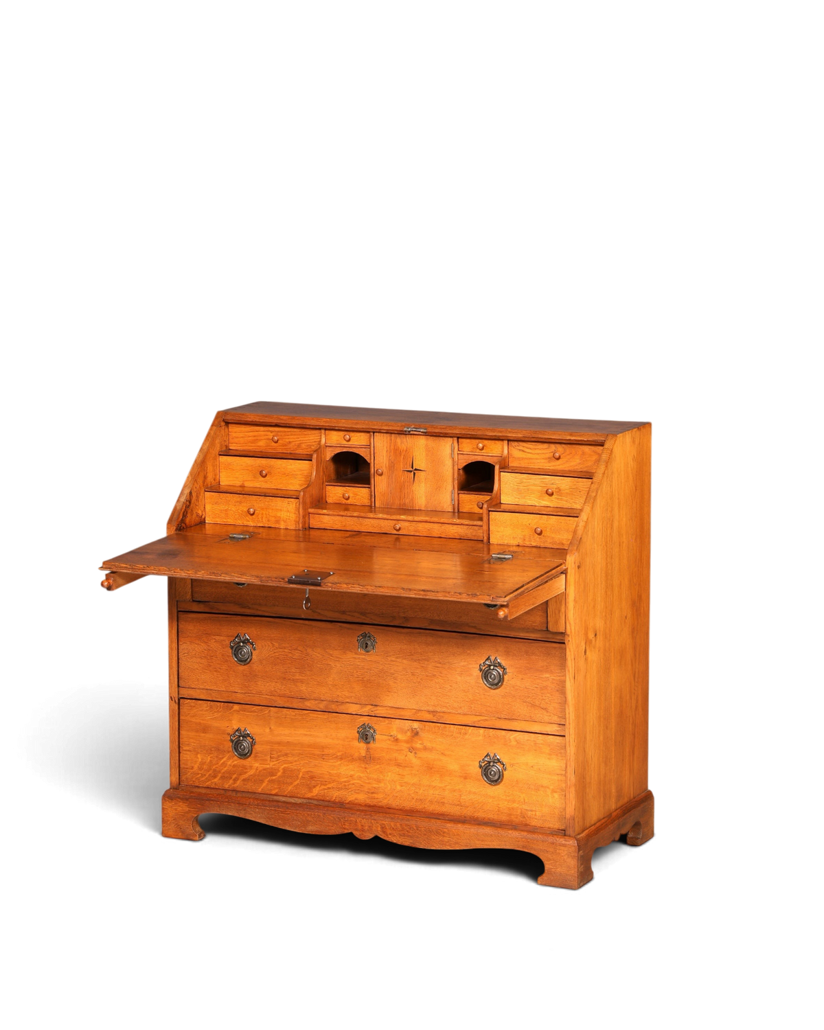 Hauptstadt Möblerei Louis Seize meşe ağacından antika sekreter, dekoratif kakmalı ve pirinç kulplu çalışma masası.