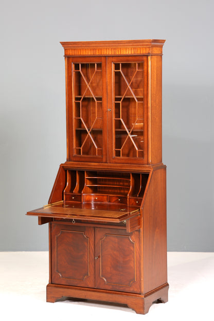 E913 Finish cm Stilvoller Englischer Sekretär Original Heldense Büro Aufsatzsekretär Eibe Antik 60S Vitrinen Schrank UK