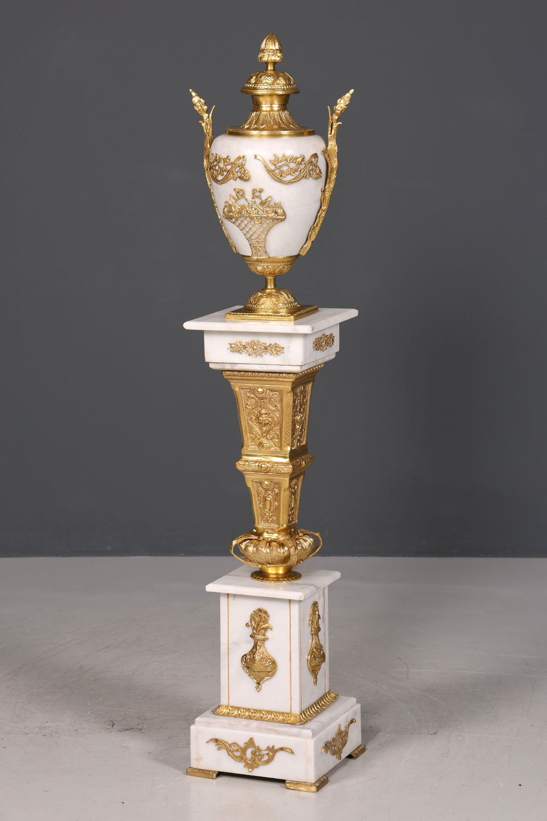 Beautiful Baroque style column with vase, Louis XV marble flower column, white natural stone base and shelf