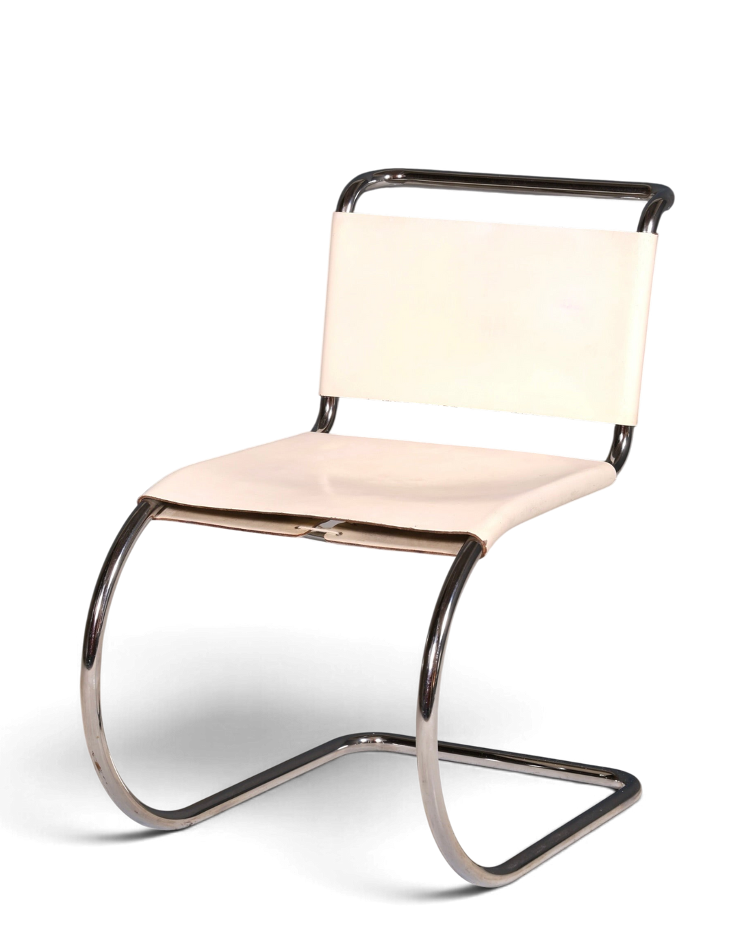 Hauptstadt Möblerei Knoll International MR Chair Freischwinger aus verchromtem Stahlrohr mit weißem Echtleder