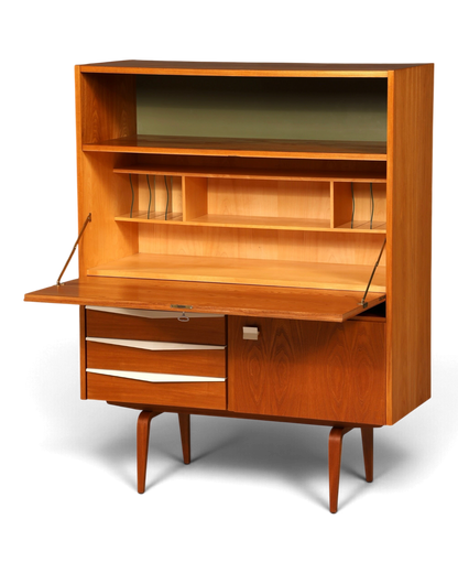 Hauptstadt Möblerei Sekretär aus Teakholz im Mid-Century Design mit ausklappbarer Arbeitsplatte und weißen Schubladen