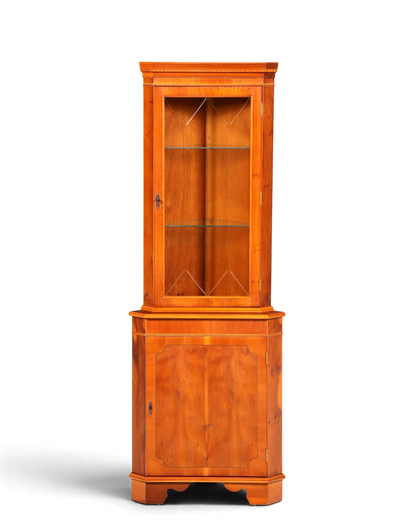 Hauptstadt Möblerei englische Eckvitrine aus Eibenholz mit Glas-Sprossentür, Innenbeleuchtung und Unterschrank