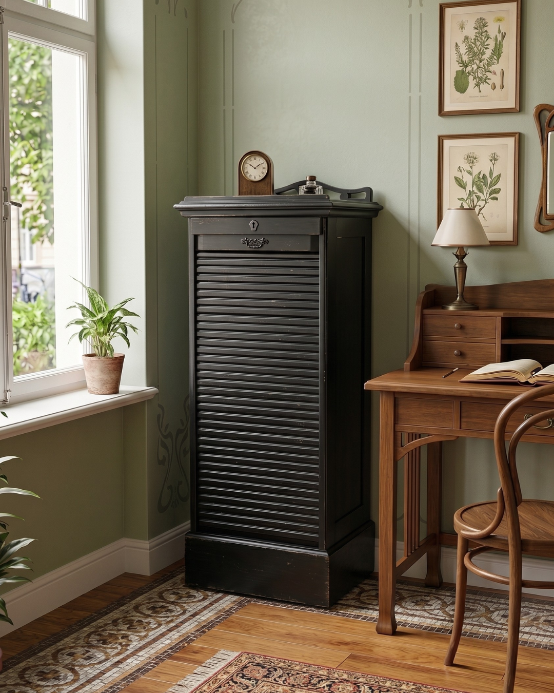 Stylish Art Nouveau Roller Shutter Cabinet Antique Pharmacy Cabinet Office Cabinet Filing Cabinet Wood