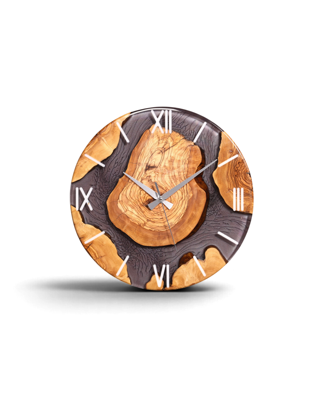 Stilvolle Handgefertigte Epoxidharz Wanduhr Olivenbaum Uhr grau Epoxy Analog Uhr