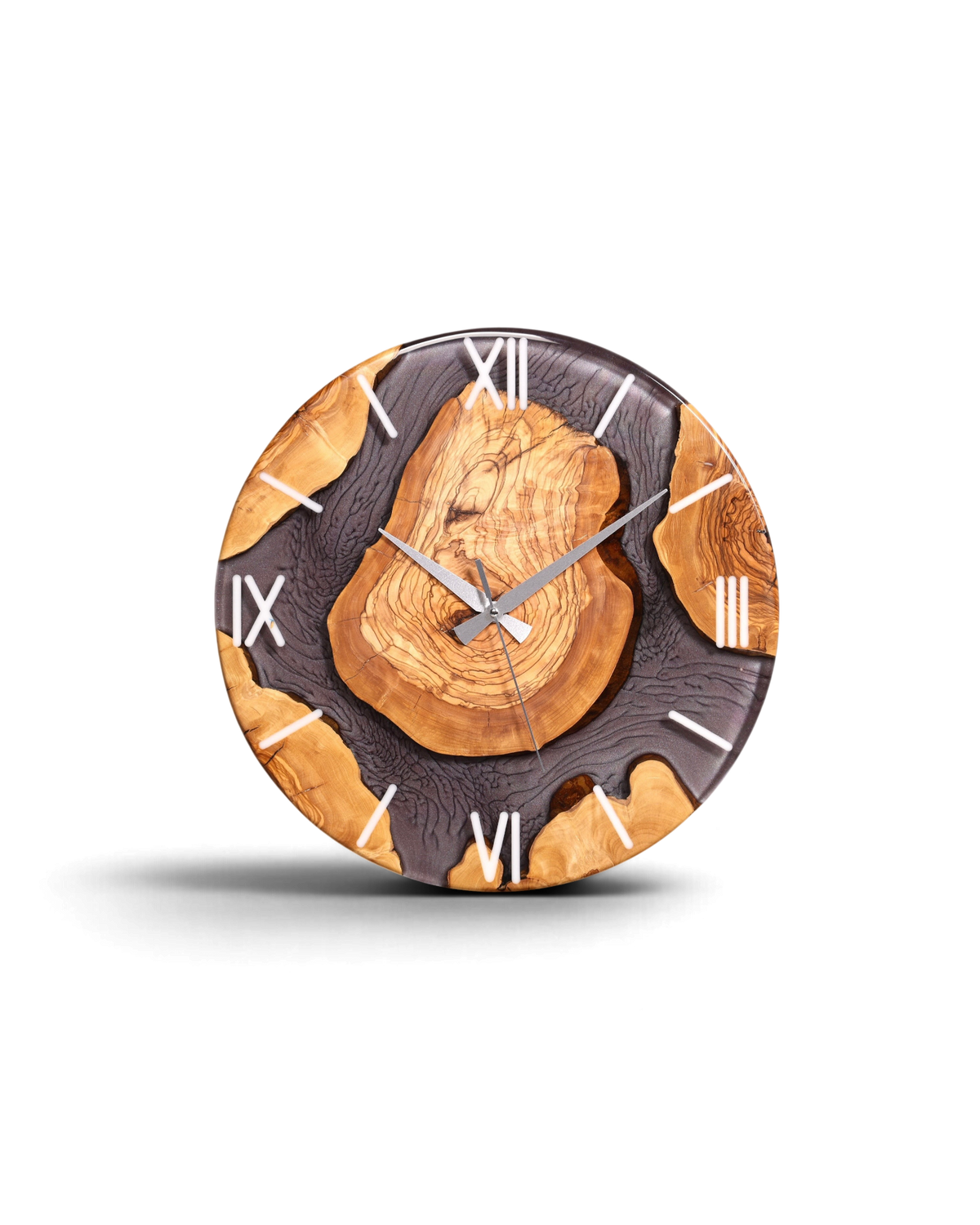 Stilvolle Handgefertigte Epoxidharz Wanduhr Olivenbaum Uhr grau Epoxy Analog Uhr