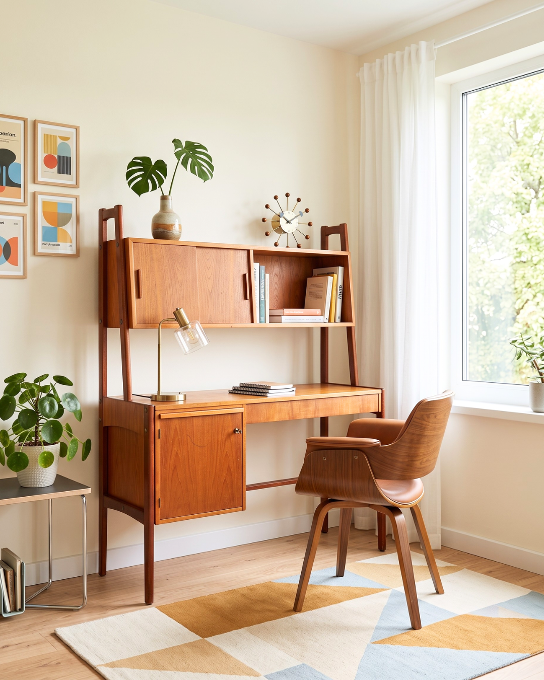 Beautiful mid-century desk with hutch, teak Danish design, vintage 1960s office desk
